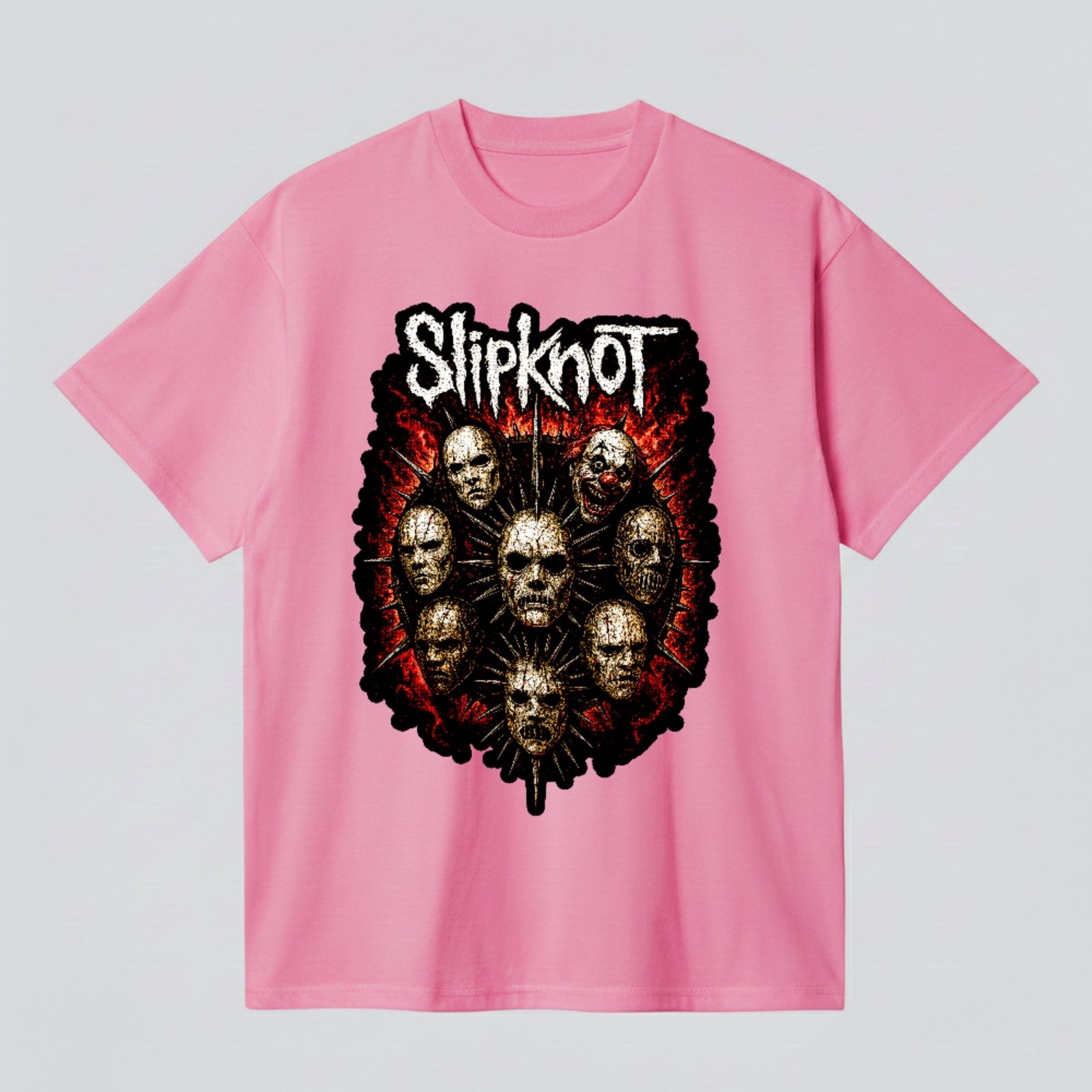 Camiseta Básica Slipknot Máscaras Icônicas Rock Metal Unissex Rosa