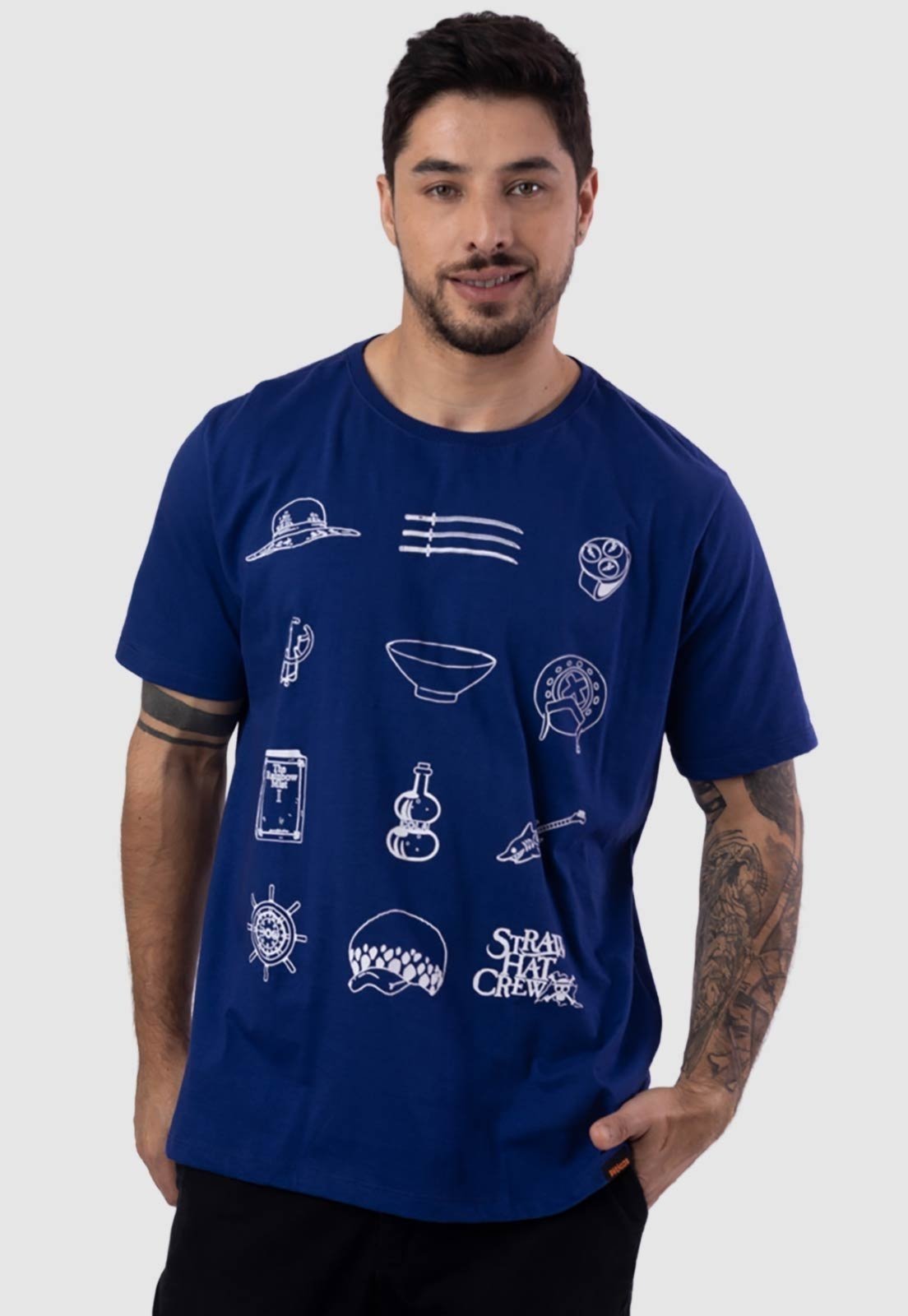 Camiseta Piticas One Piece Aliança Pirata Icones Azul Marinho