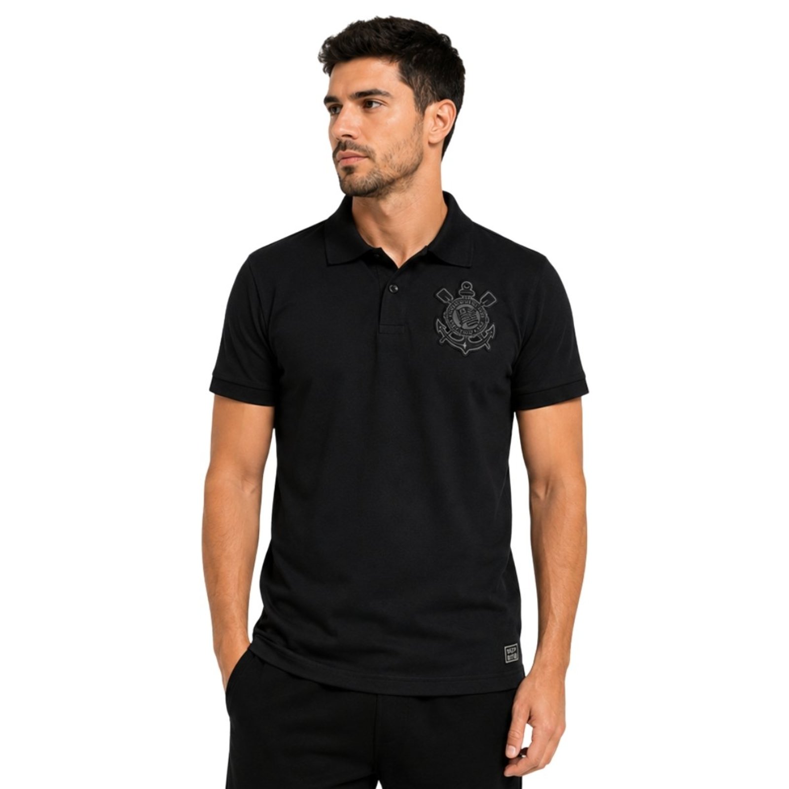 Polo Masculina Corinthians Preta Casual Gola Clássica Preto