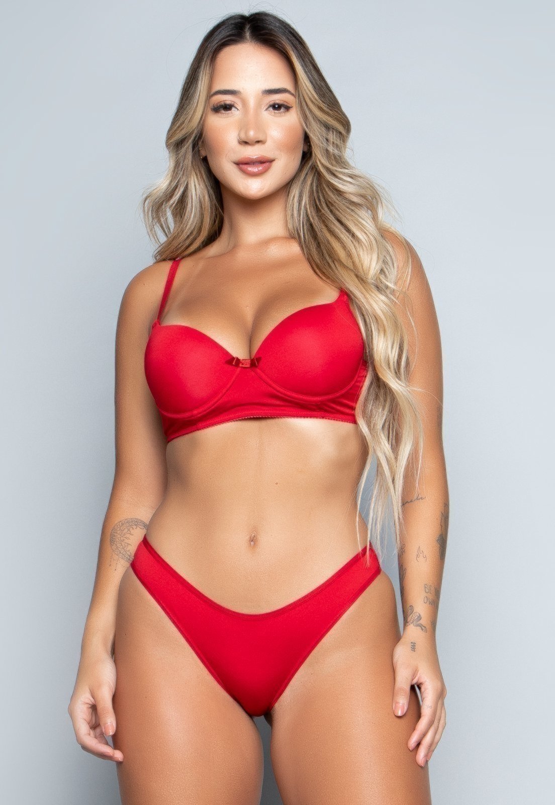 Vista 2 Conjunto Lingerie Básico Vekyo Calcinha e Sutiã Com Bojo vermelho VEKYO vermelho