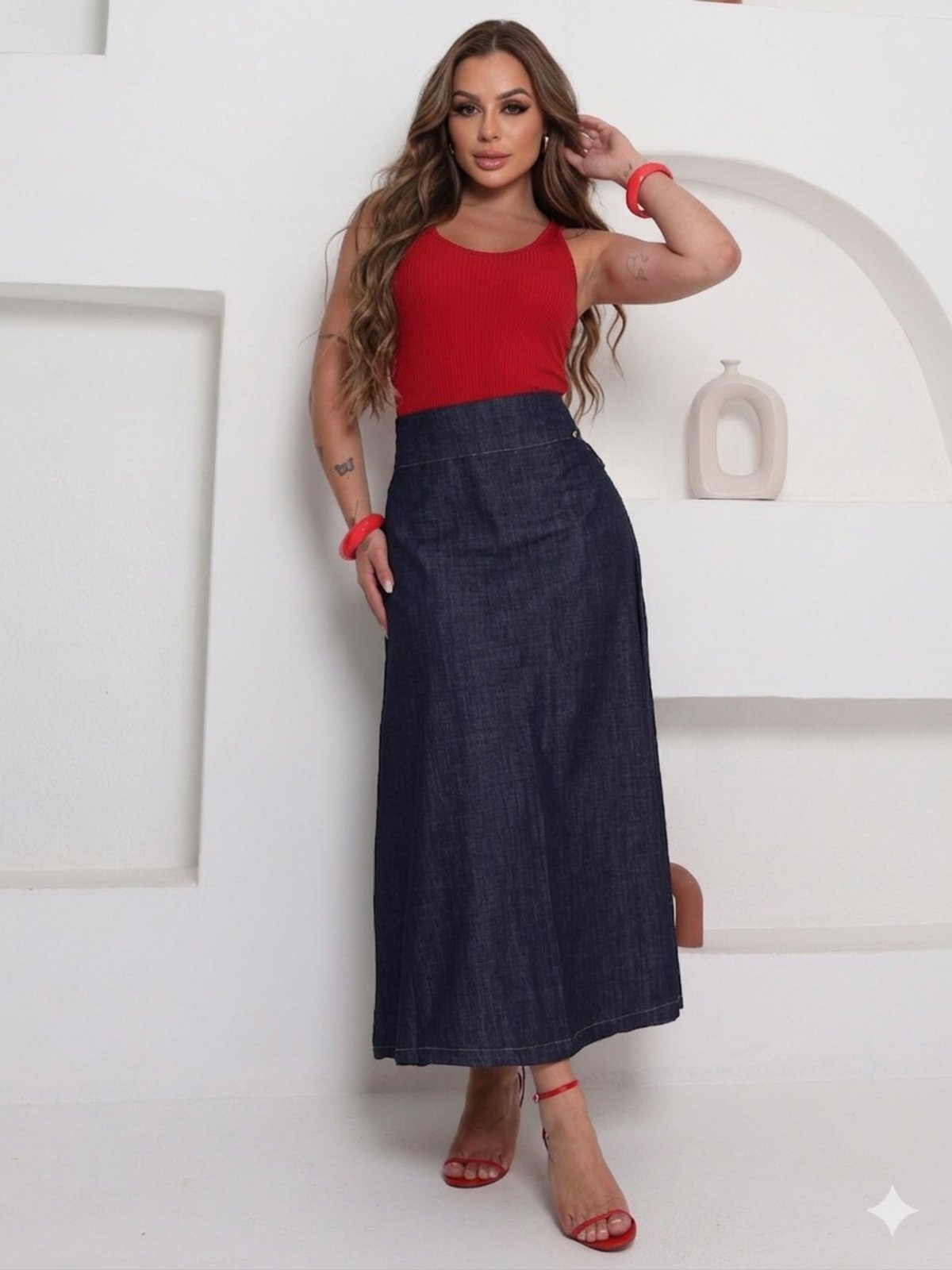 Saia Patria Brasil Mídi Evasê de Jeans Feminina