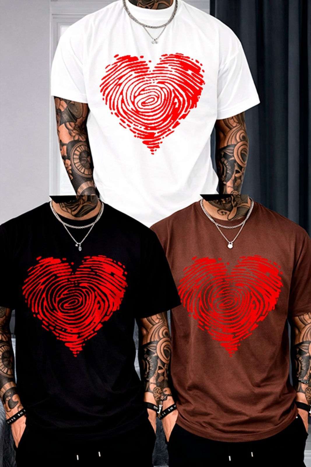 Vista 2 Kit 3 Camisetas Oversized Coração Digital Fingerprint Estilo Urbano Unissex Algodão Premium ousy branco/marrom/preto ousy branco/marrom/preto