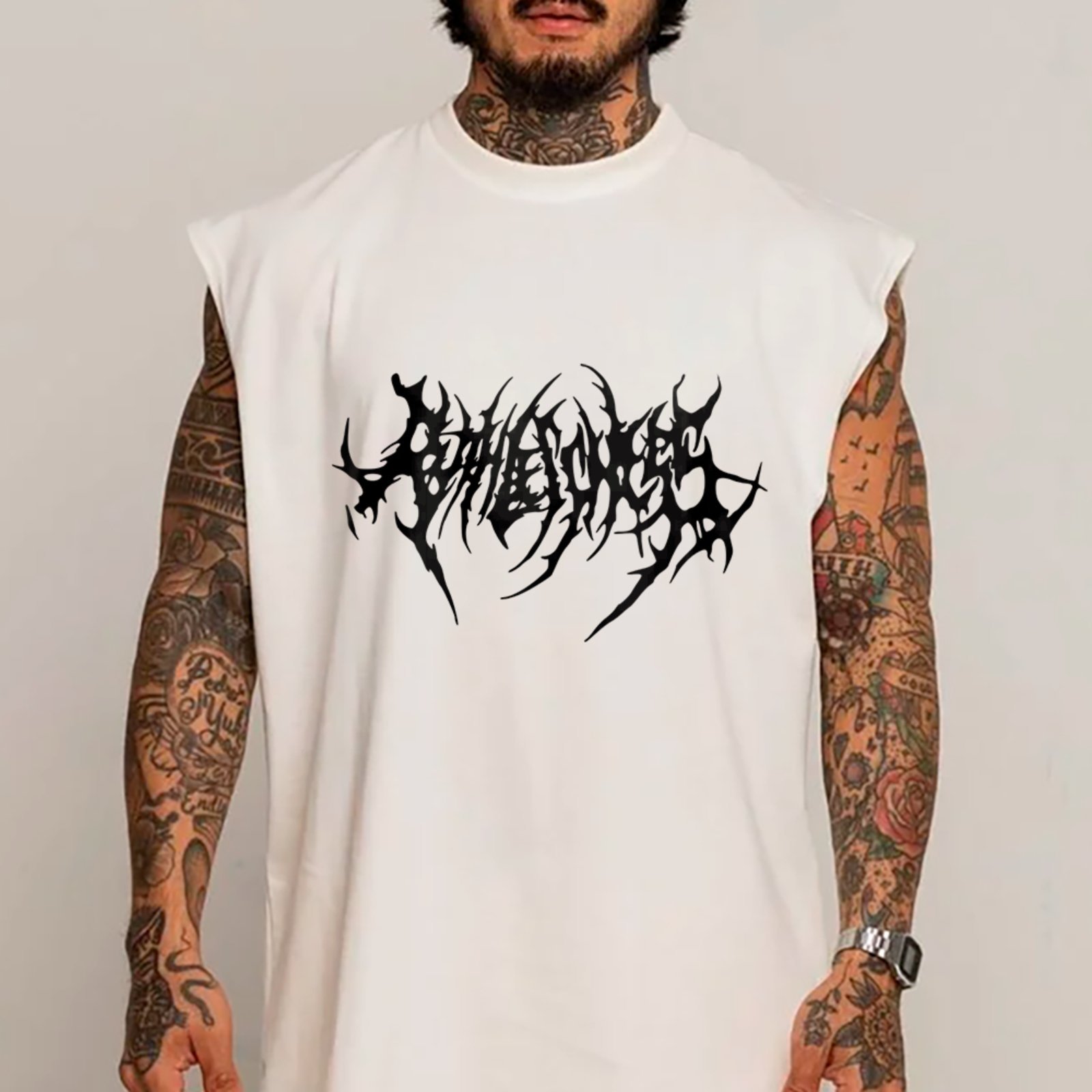 Camiseta Regata Machão Metal Logo Estilo Black Metal Branco