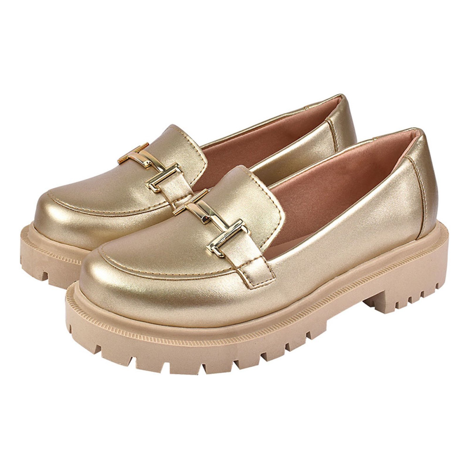 Sapato Feminino Mocassim Tratorado Donatella Shoes Bico Redondo Confort Ouro Light