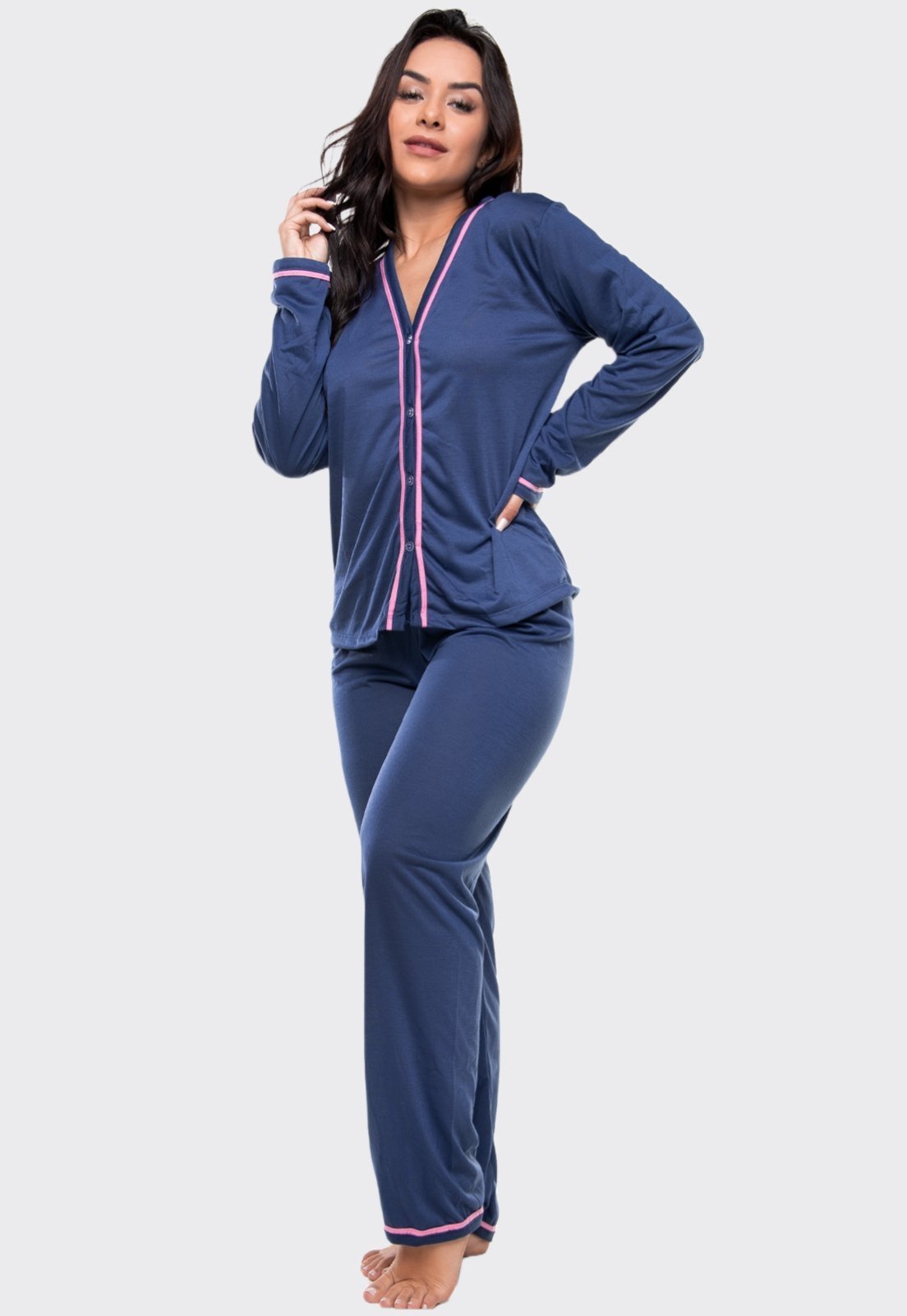 Pijama Feminino Longo 4 Estações de Botão Amamentação Pijama Gestante Pijama Americano Maternidade Azul Marinho