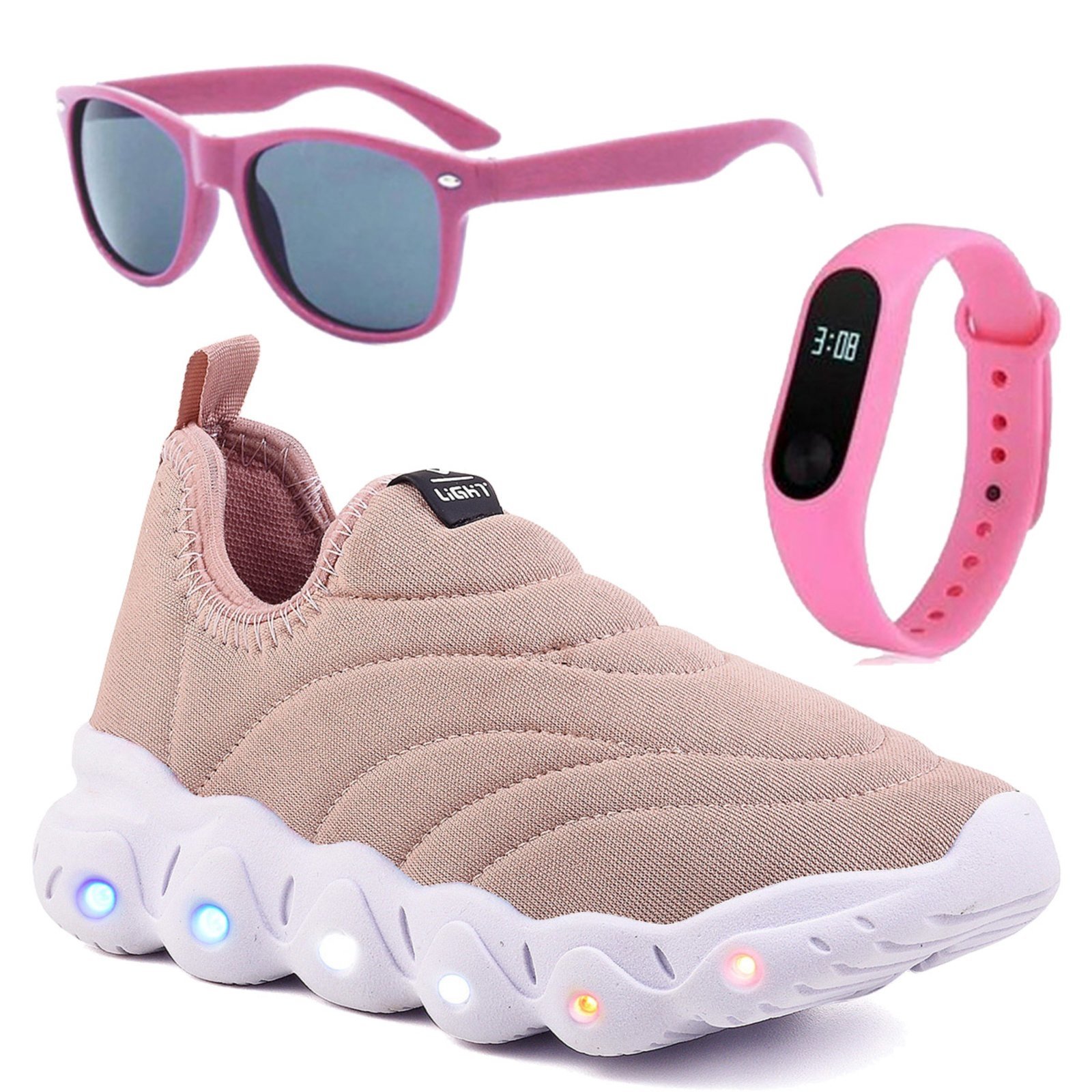 Vista 2 Infantil - Tenis de Led Menino e Menina Calce Facil Nude e Óculos e Relógio CALCADOS LGHT LIGHT rosa CALCADOS LGHT LIGHT rosa