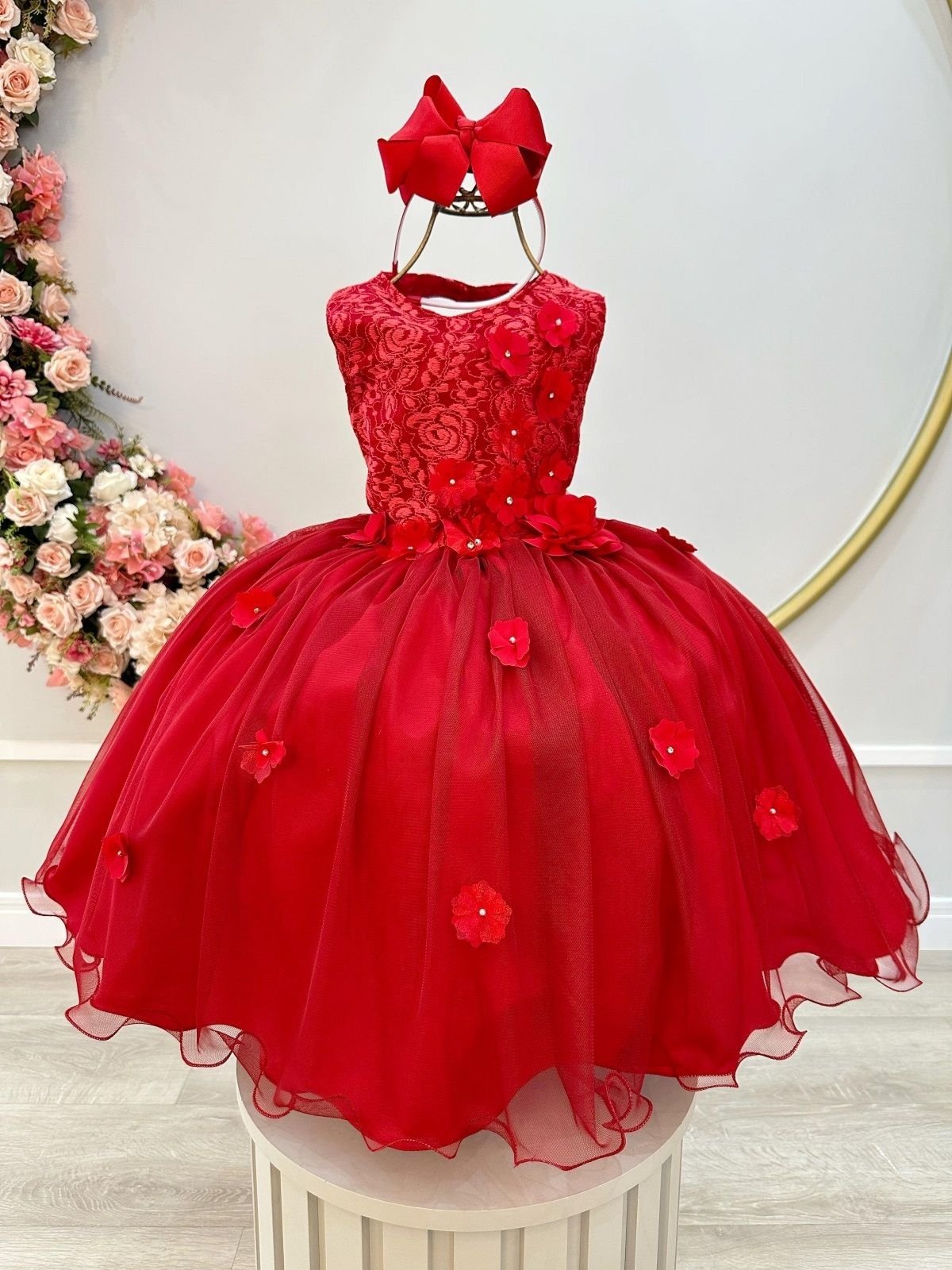 Infantil - Vestido Festa Vermelho Flores Formatura Florista Casamento Renda Dama Daminha Social Menina Juvenil Pérolas Princesa Rodado Aniversário Luxo