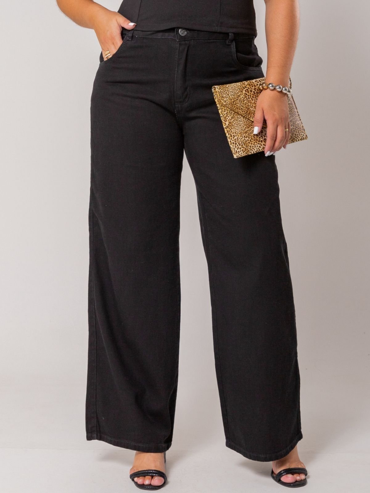 Calça Donna De Paula Wide Leg Preta Plus Size Cintura Alta Pantalona