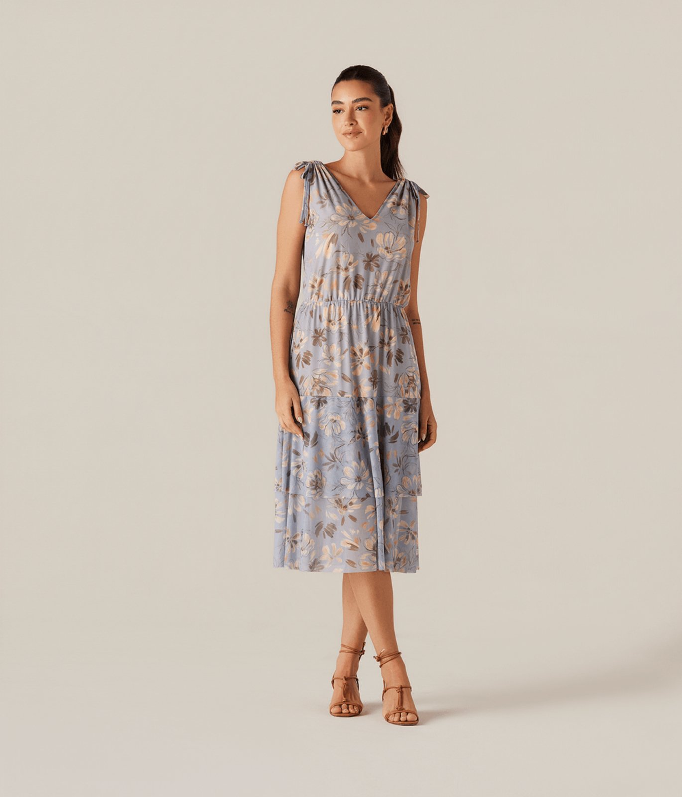 Vestido Tule Floral Azul Claro Feminino Estampa