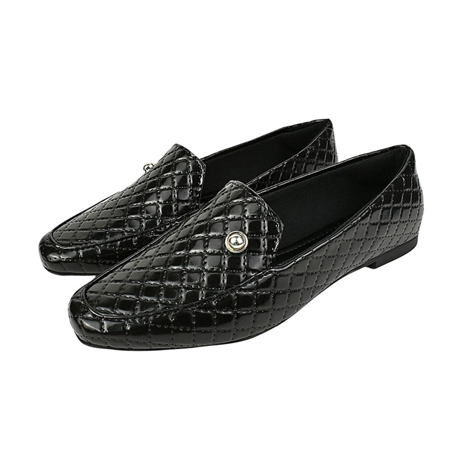 Sapato Mocassim Donatella Shoes Bico Quadrado Matelasse Verniz Boton Sapatilha Preto