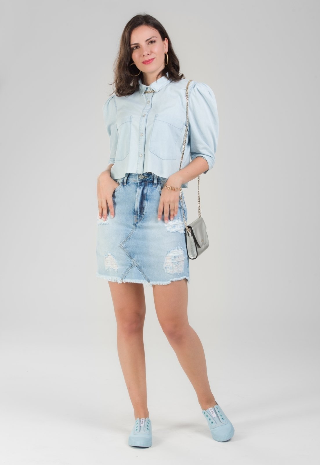 Saia Jeans Traymon 5 Bolsos Destroyed Delavê