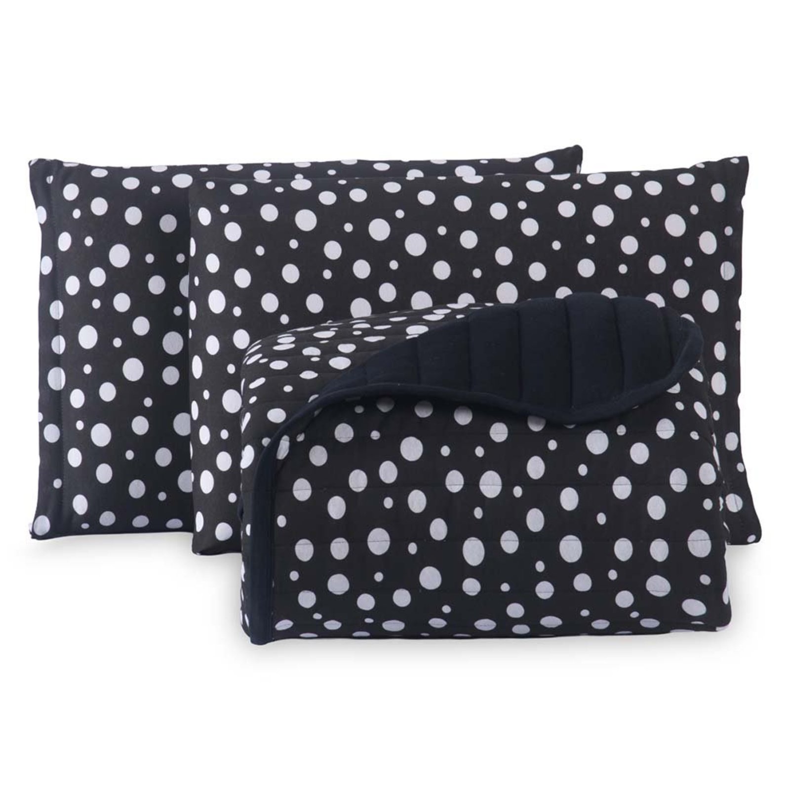 Kit Cobre Leito Poá Queen 100% Algodão Colcha 3 Peças Estampa Bolinhas Preto