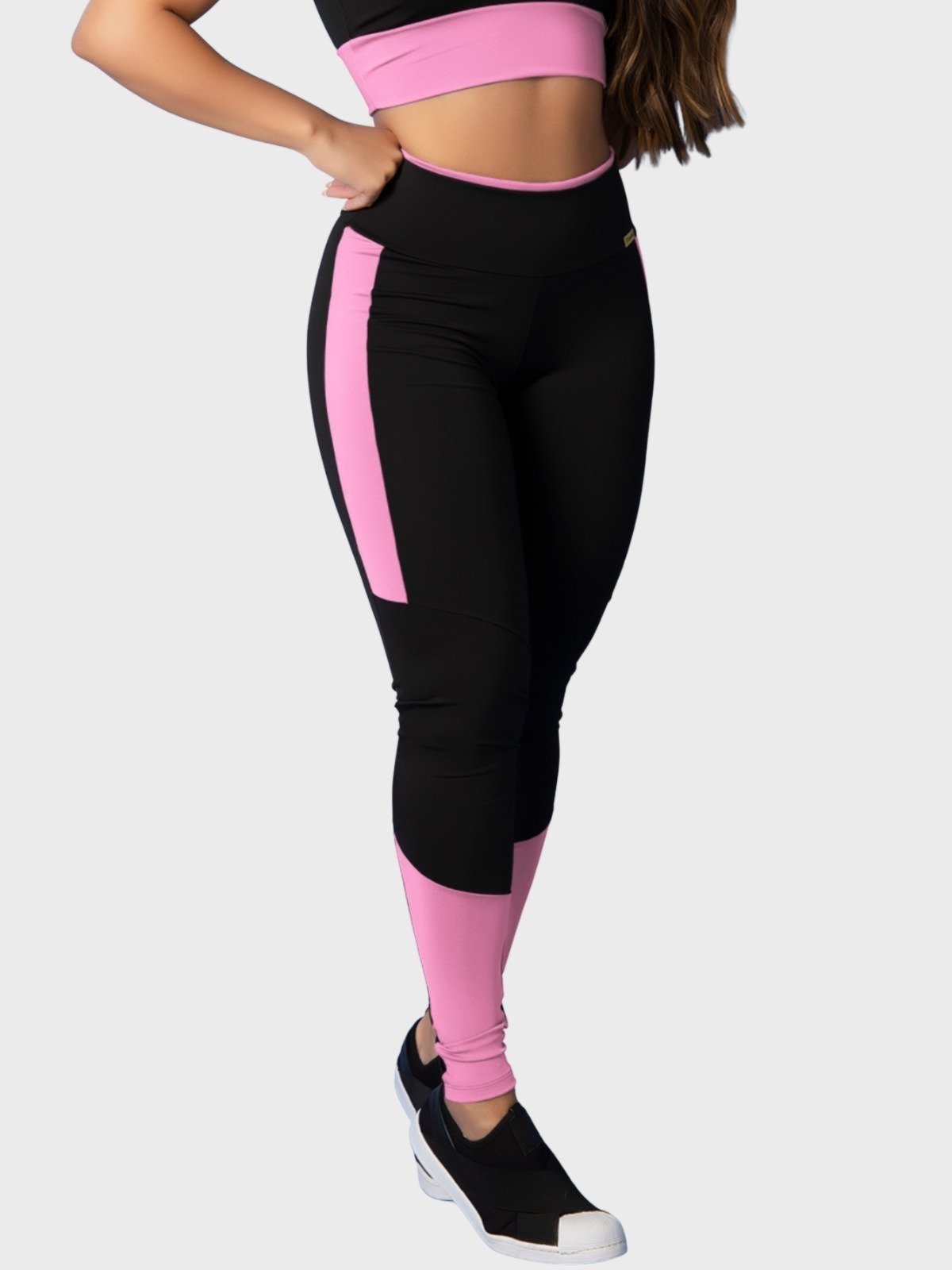 Calça Legging Fitness Tarelles Cintura Alta Preto e Rosa Claro
