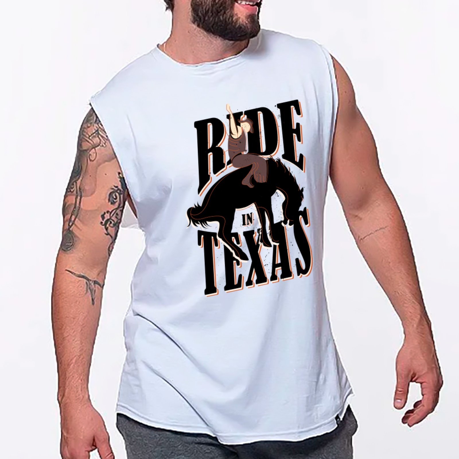 Camiseta Regata Machão Country Ride In Texas Inspiração Americana Masculina Branco