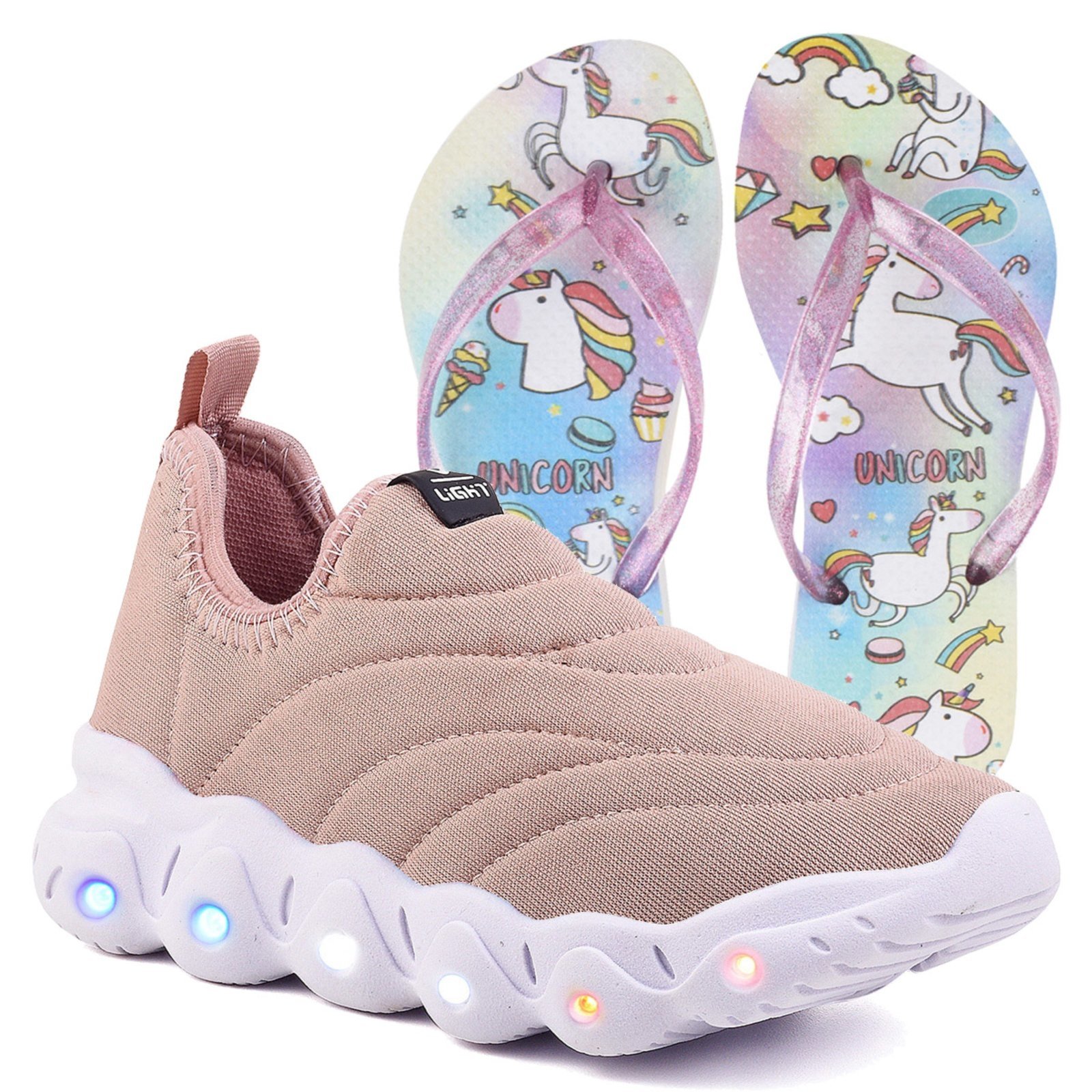 Infantil – Tenis de Led Menino e Menina Calce Facil Rosa Nude e Chinelo