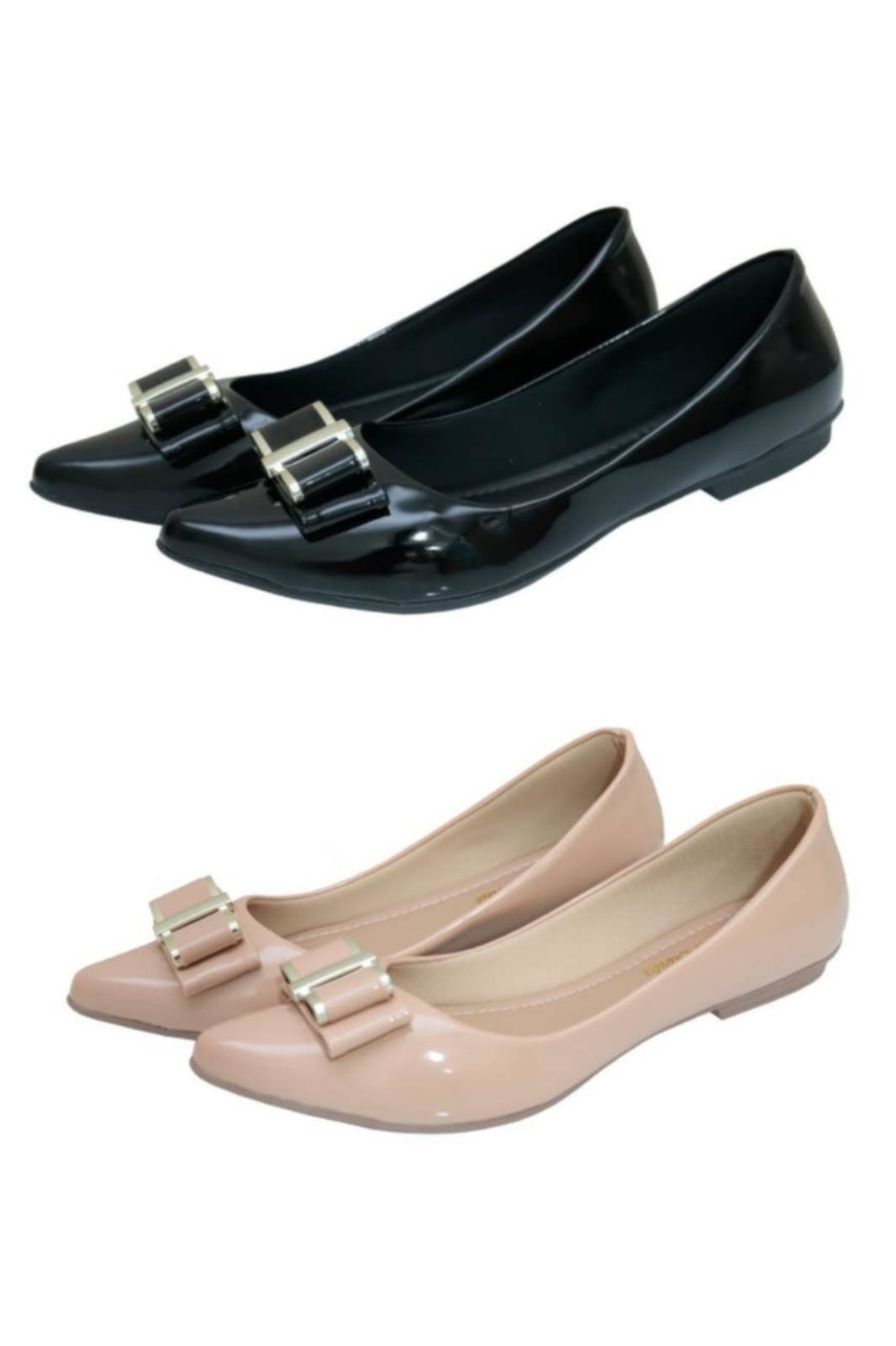 Kit 02 Pares Sapatilha Donna Santa Bico Fino Verniz Preto/Nude