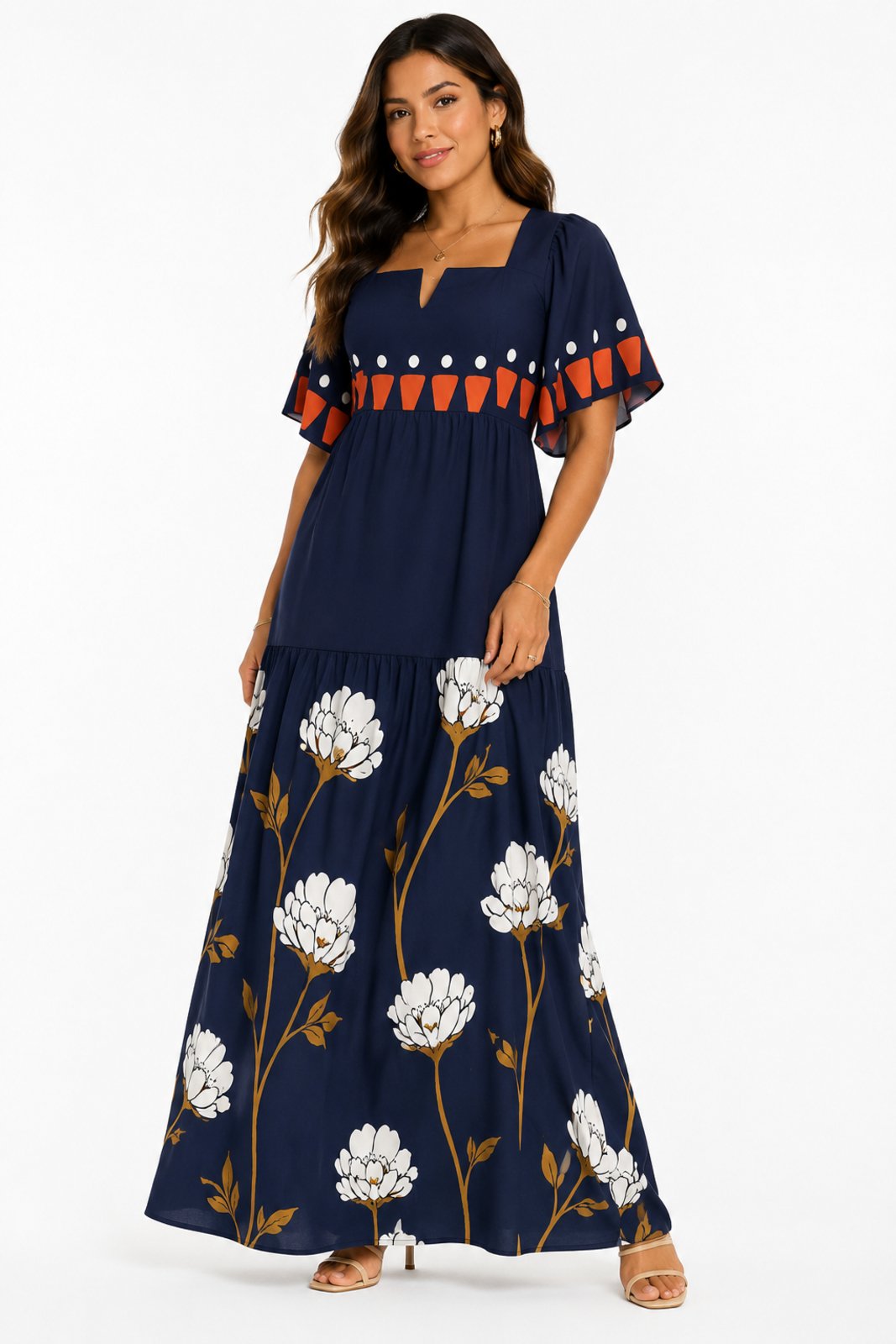 Vestido Longo D Bell Outlet Fashion Viscose Sarjada Estampado Azul Marinho