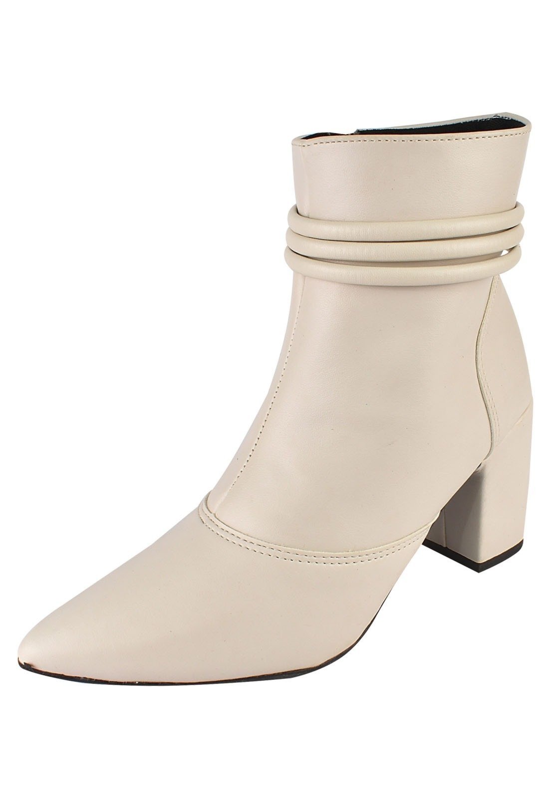 Bota Cano Curto Rosa Chic Calçados Bico Fino Salto Alto Zíper Feminino Off-White