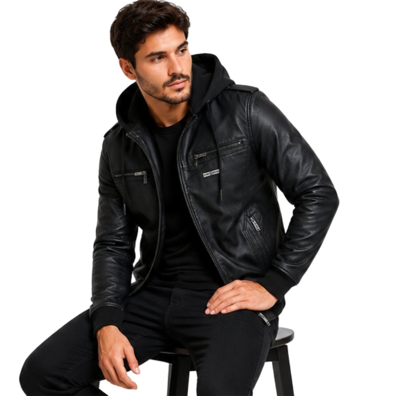 Jaqueta Masculina PU Com Capuz Removível Forrada Preta Preto