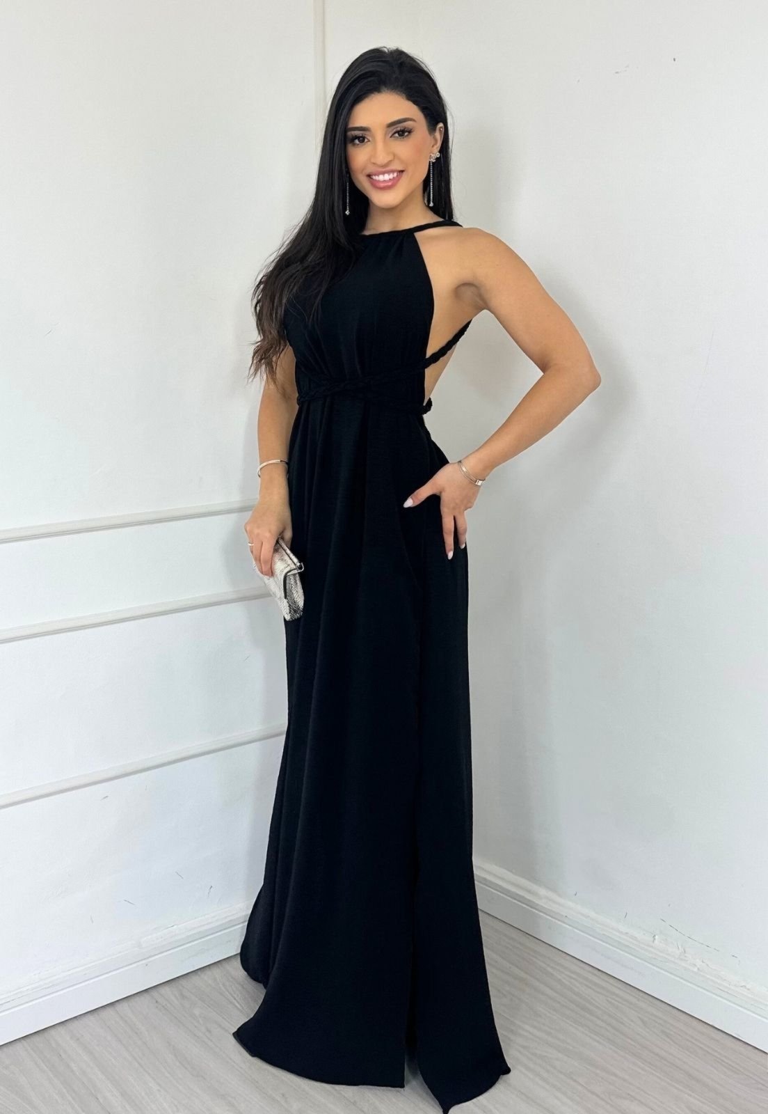 Vestido Longo Frente Única Amarração Esther Preto