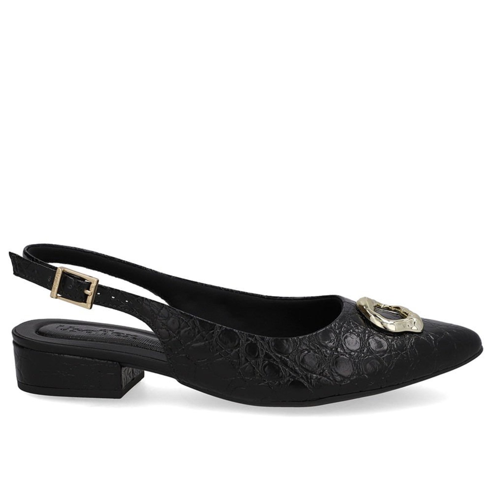 Slingback Preto Couro Croco Enfeite