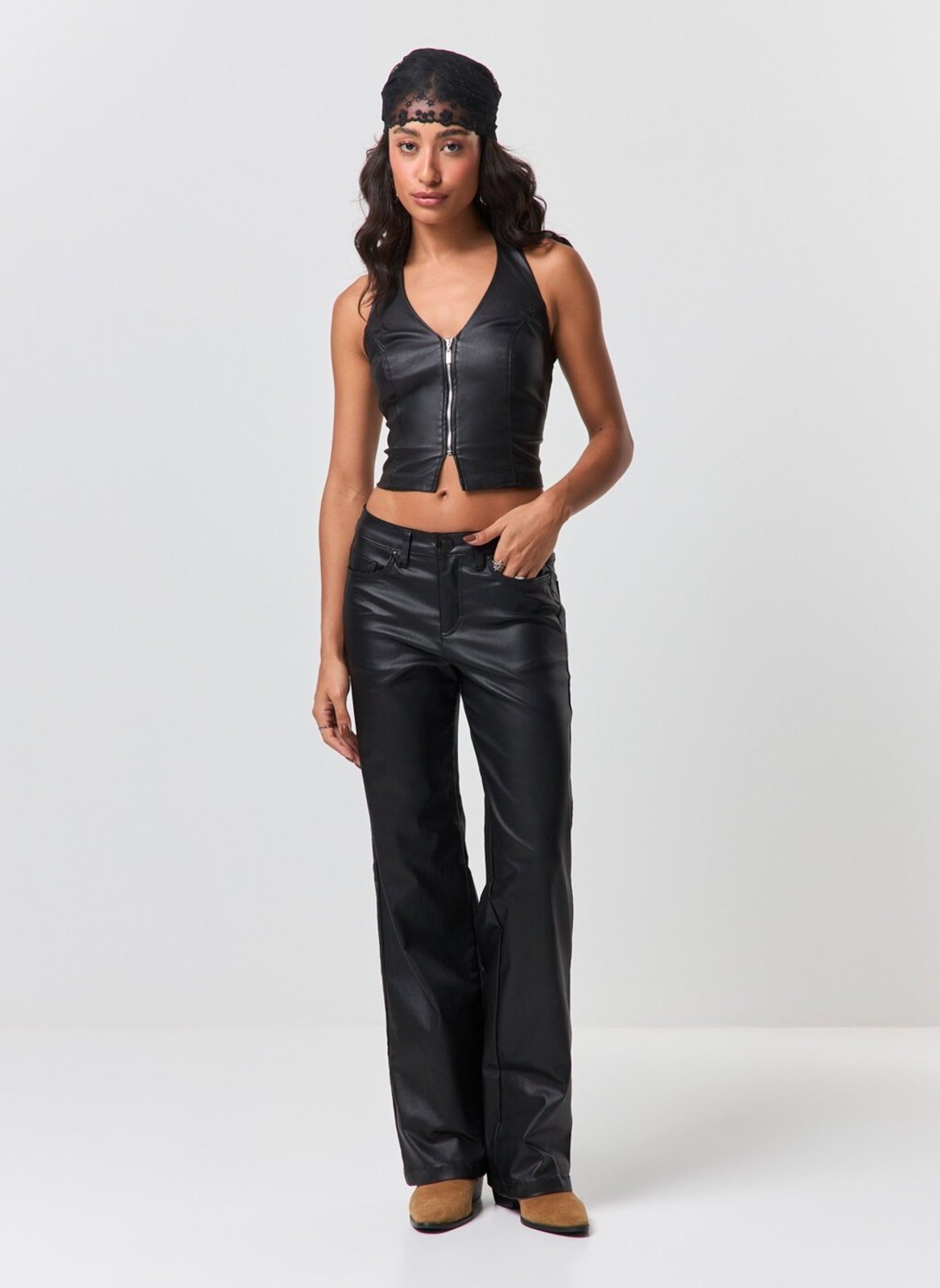 Calça Wide Leg Com Aspecto De Couro
