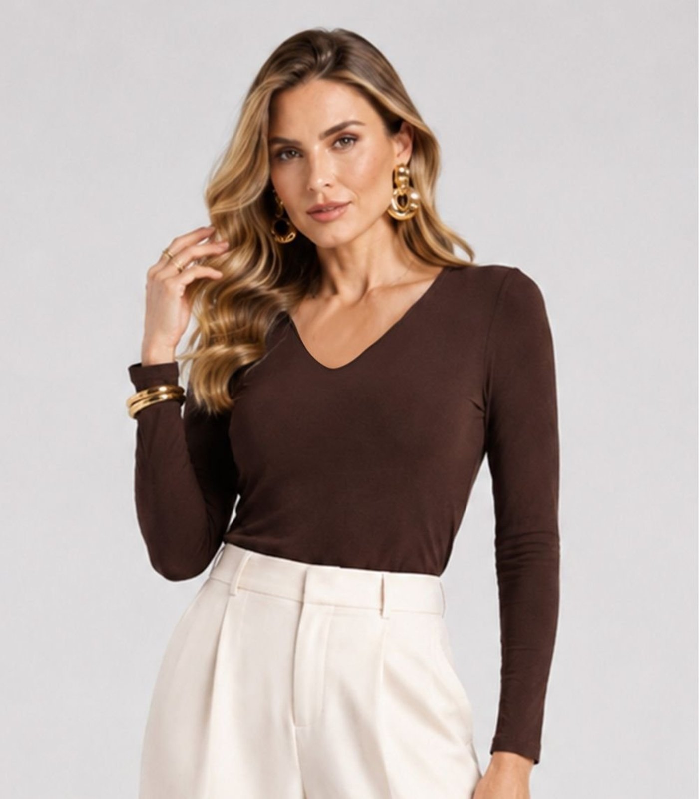 Blusa Feminina Manga Longa Malha Visco Rovitex Marrom