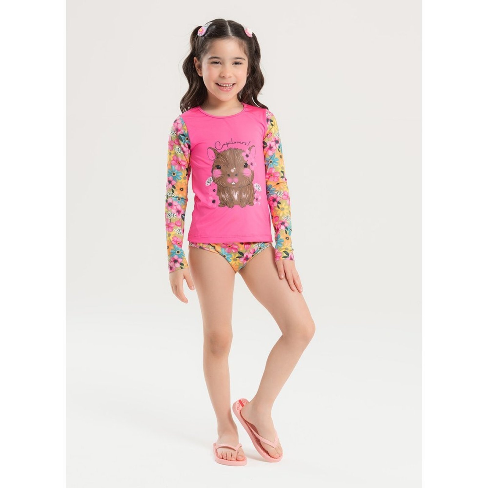 Conjunto Biquíni Menina Rosa Blusa Manga Longa e Calcinha Capivara