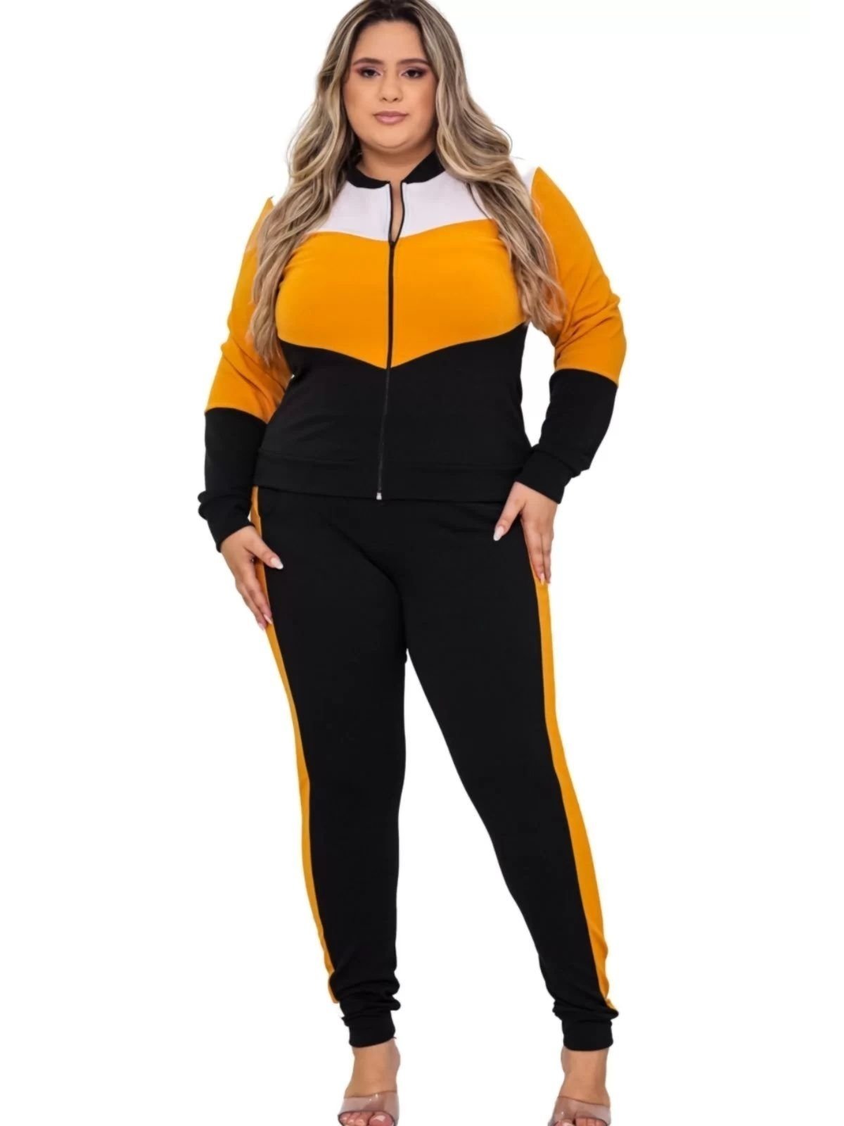 Conjunto Summer Body Feminino Plus Size Moletom Crepe Blusa + Calça mostarda