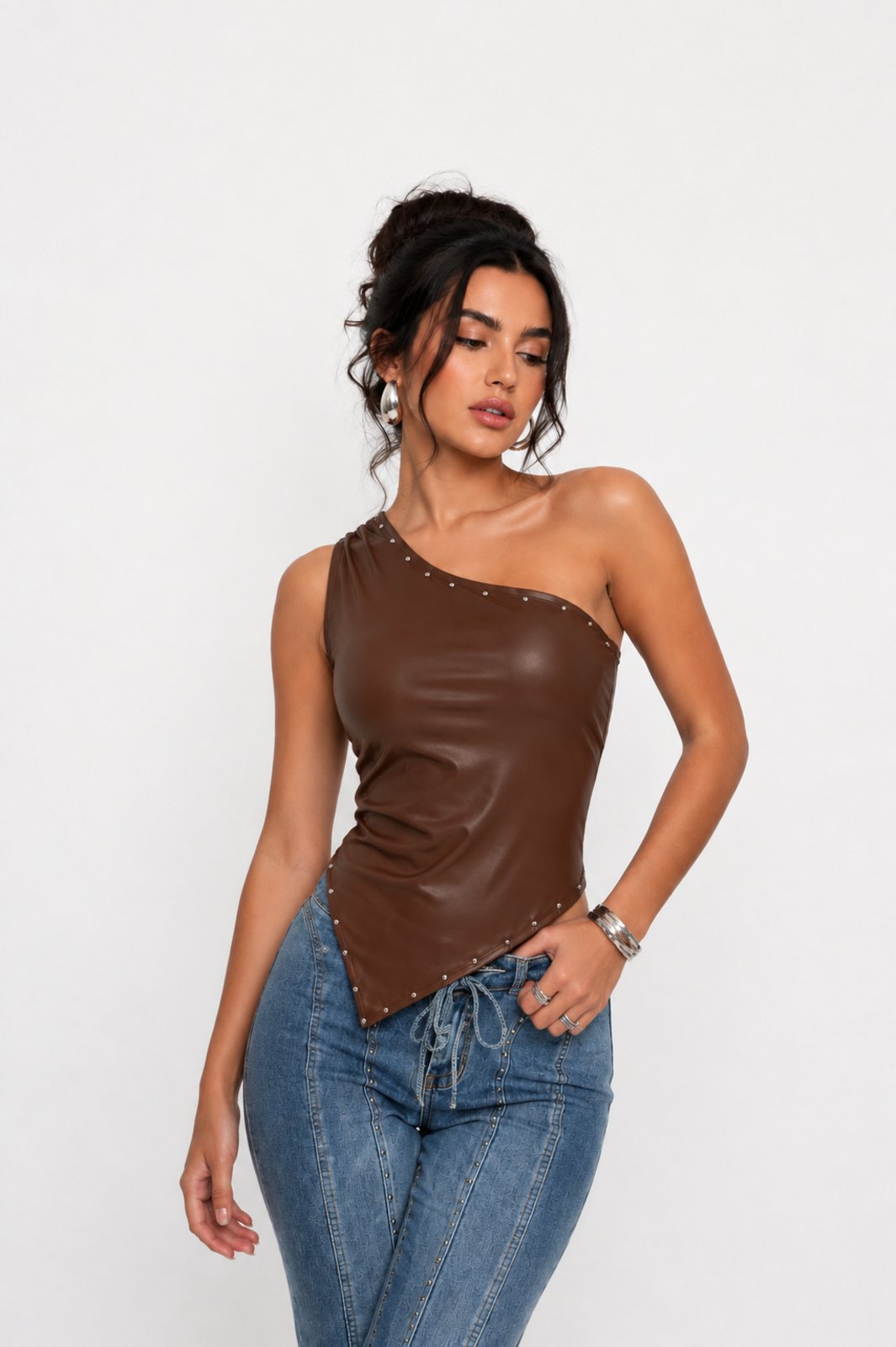 Blusa Assimétrica D Bell Outlet Fashion Couro Marrom
