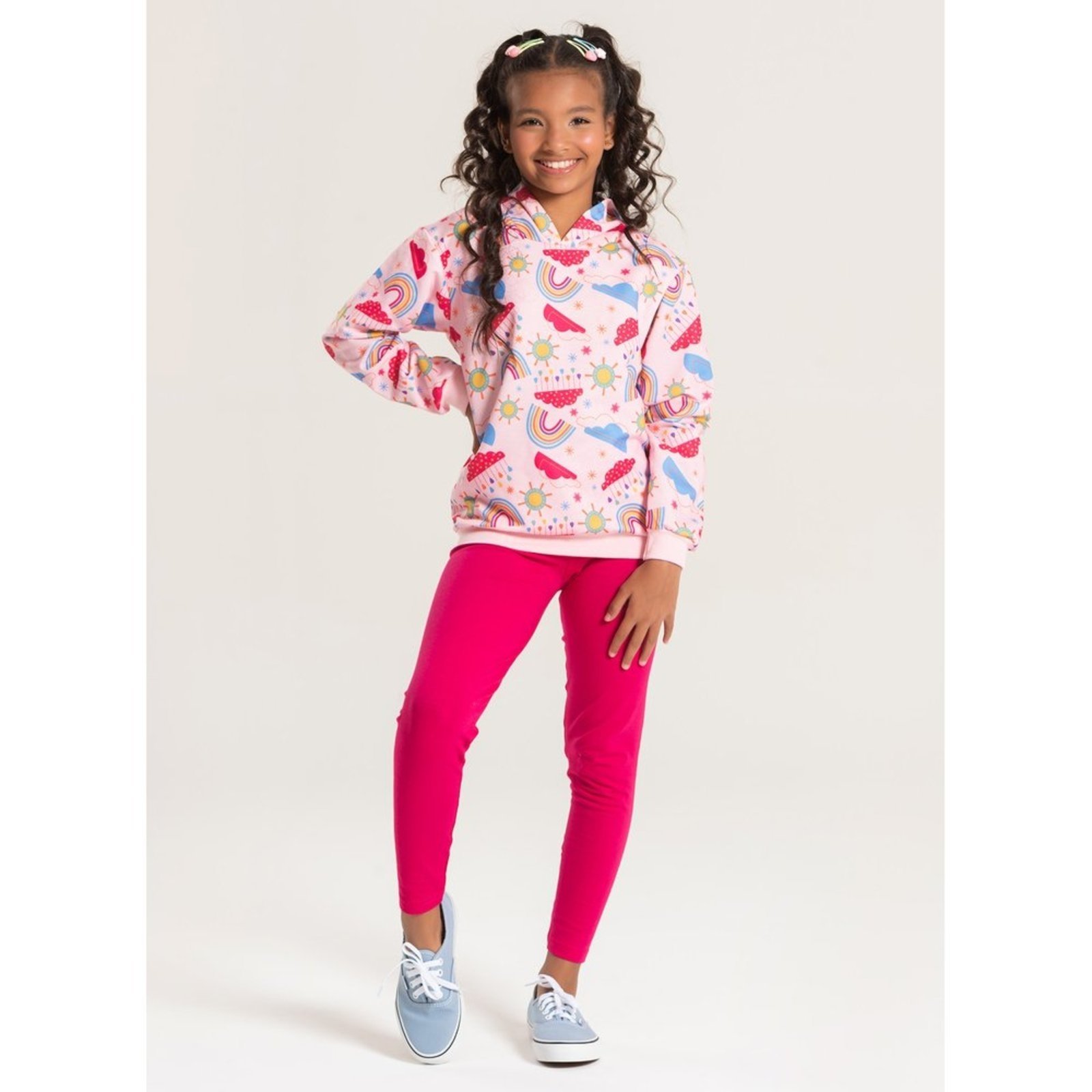 Infantil – Conjunto Inverno Menina Rosa Blusão com Capuz e Legging em Cotton Chuva de Arco-Íris