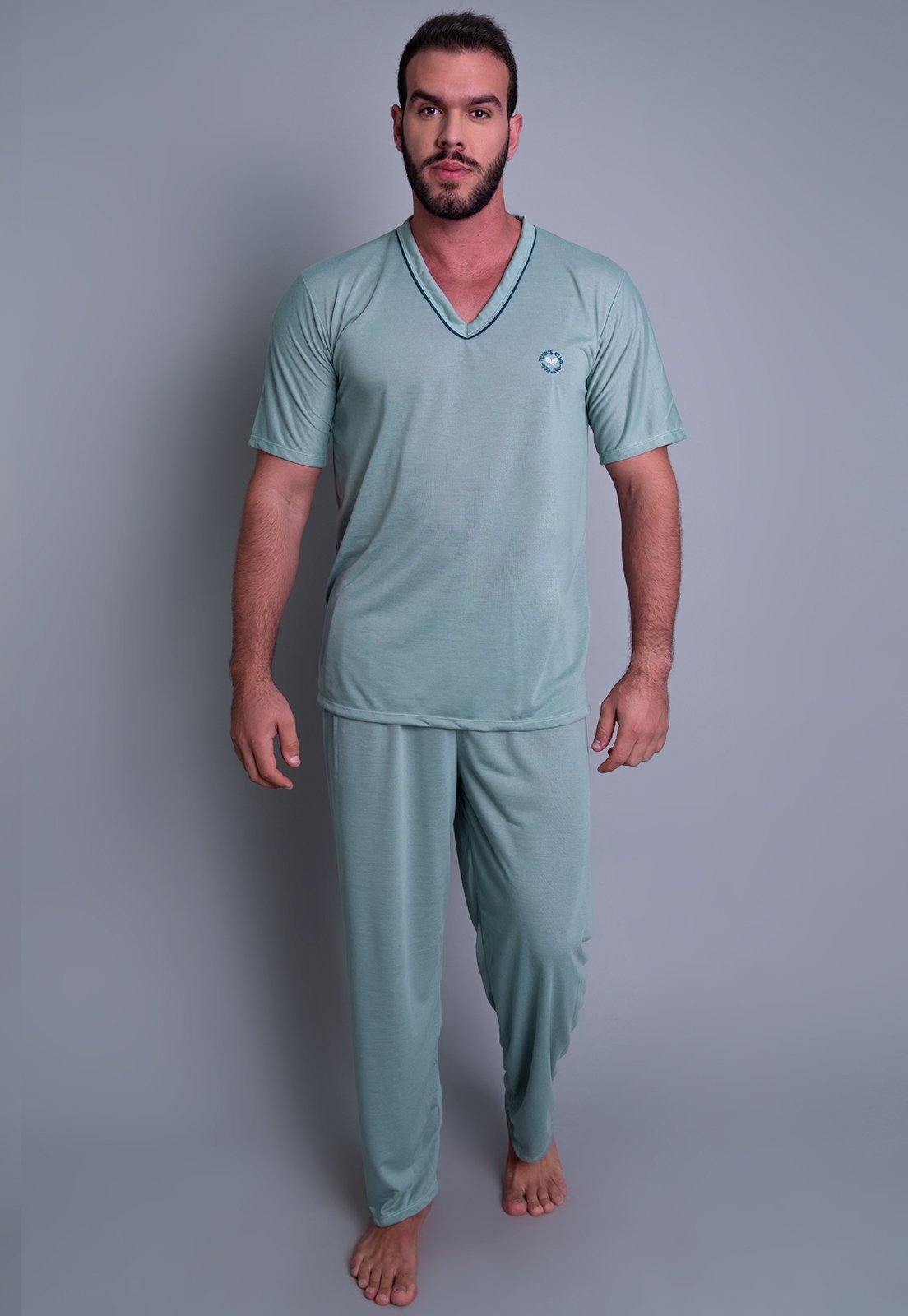Pijama MVB Modas Longo Adulto Manga Curta E Calça Azul Cinza