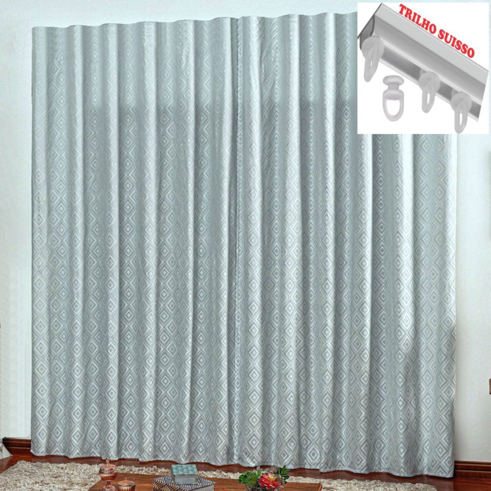 Cortina em Jacquard Degradê 3,00 x 2,70 Para Trilho Suisso - Cinza - 100% Poliéster