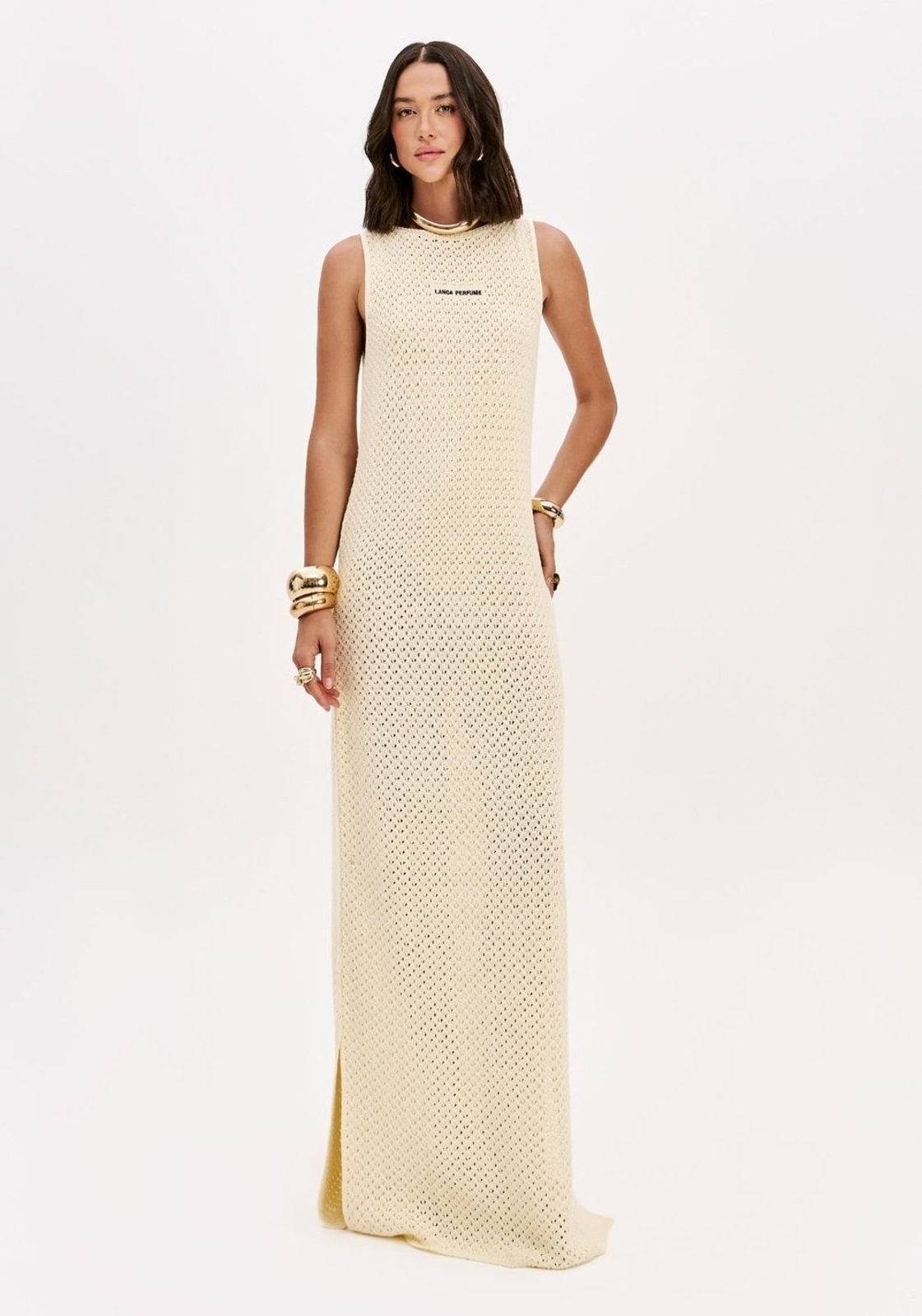 Vestido Super Midi De Tricô Com Bordado Lança Perfume