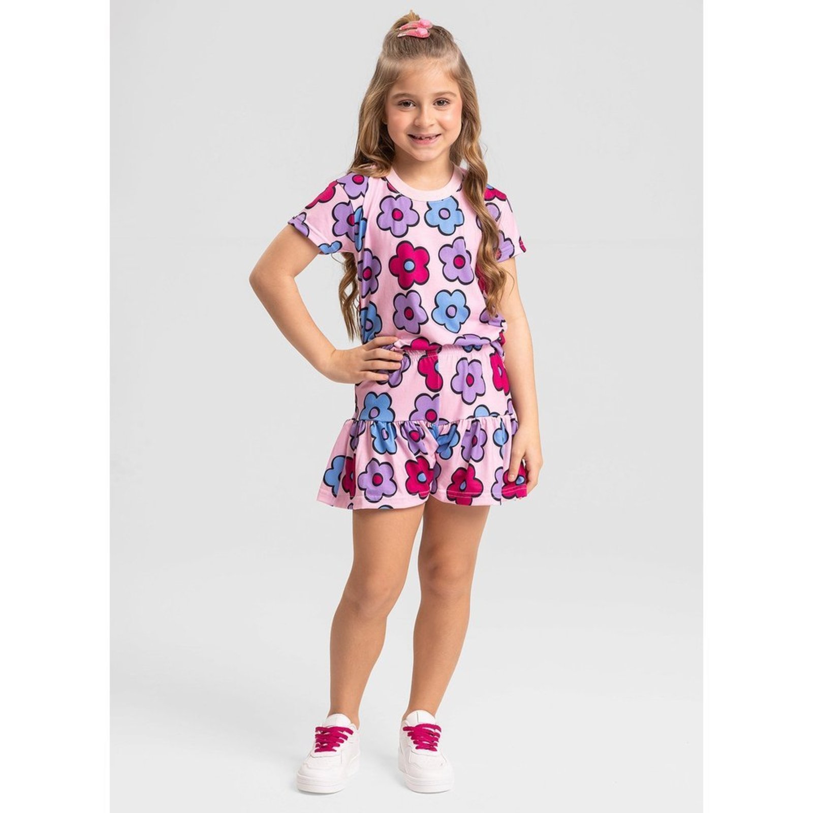 Infantil - Conjunto Verão Menina Rosa T-shirt Over e Shorts com Babado Flores