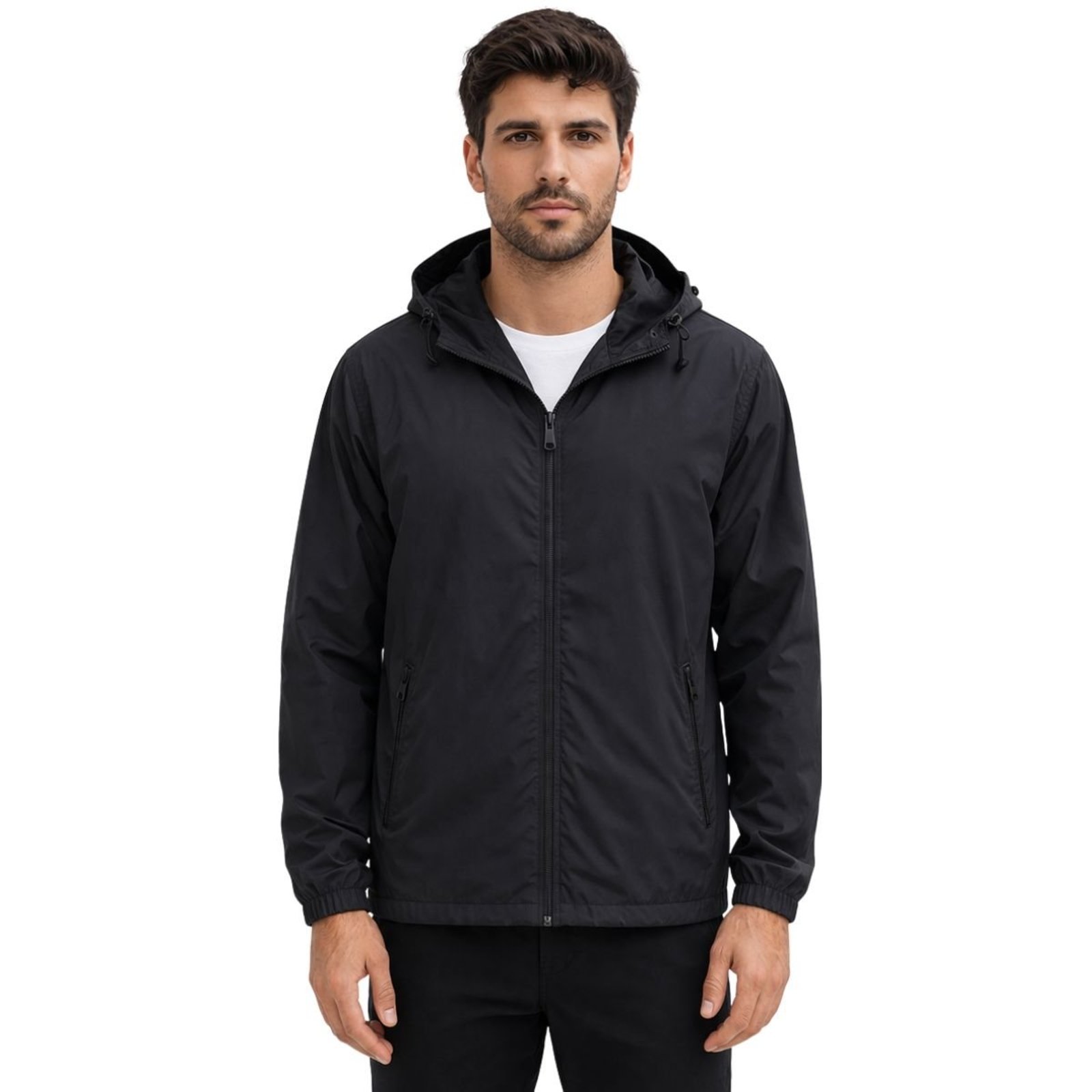 Corta Vento Masculina Preta Leve Com Capuz Removivel Preto