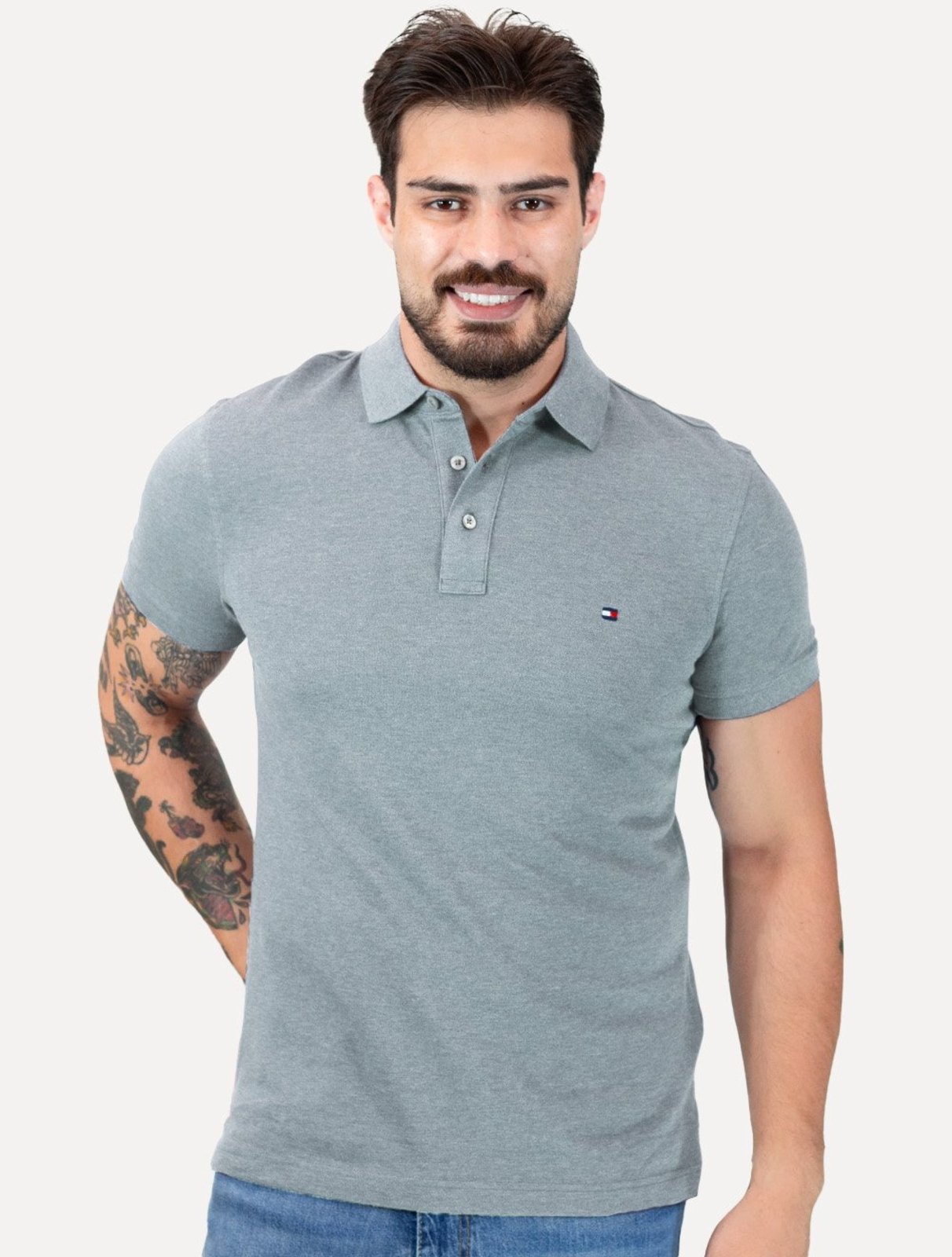 Polo Tommy Hilfiger Masculina Slim Piquet 1985 Azul Médio Mescla
