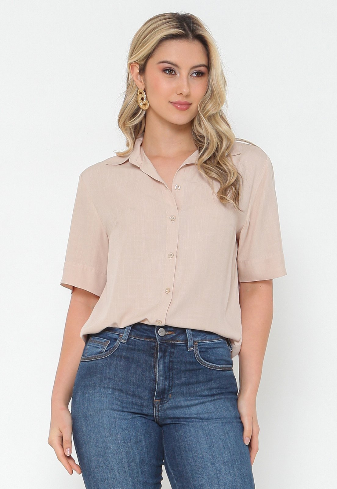 Camisa Intens Manga Curta Viscolinho Bege