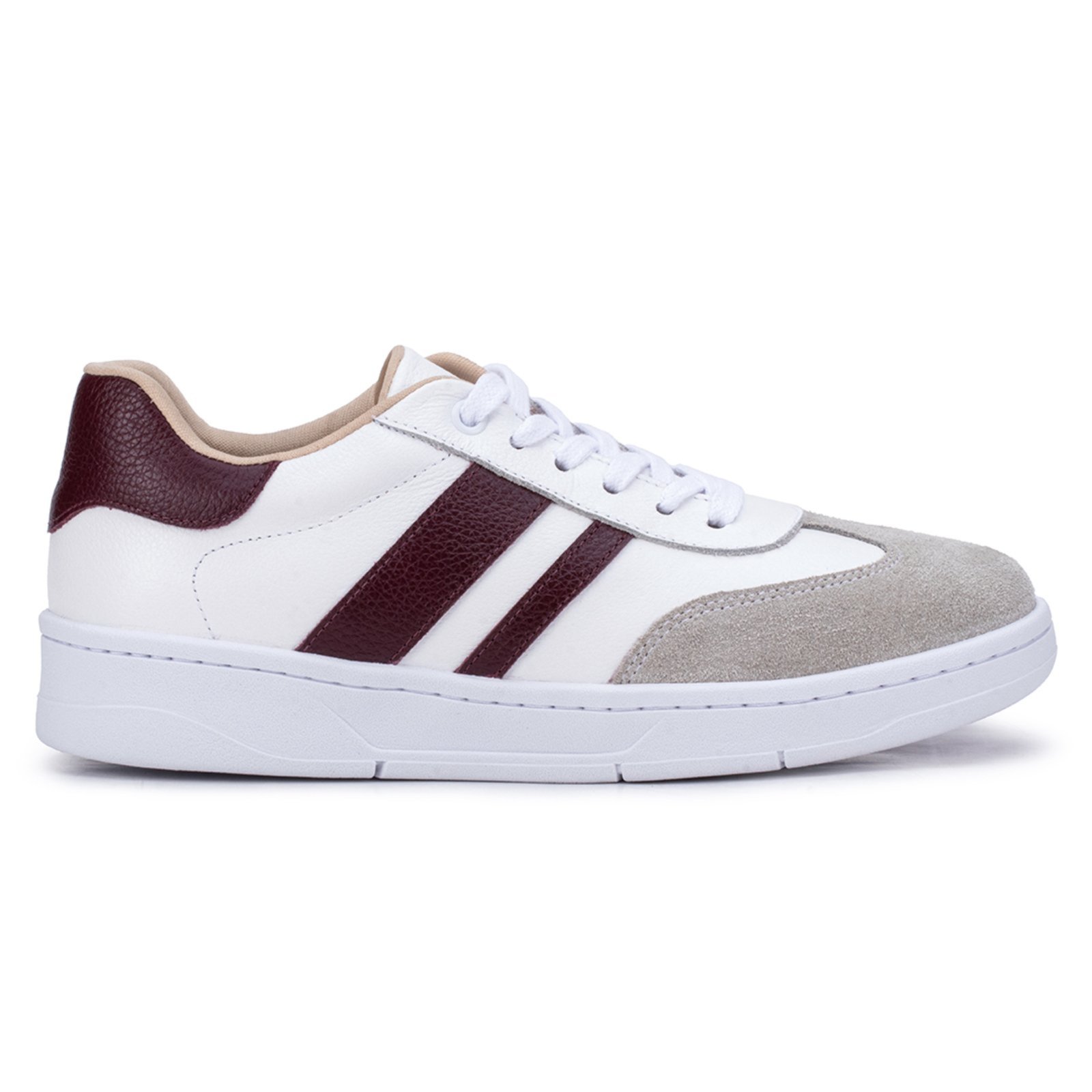Tênis Feminino Bella Nina Couro Casual Confortável Moderno Caminhada Branco Com Bordô