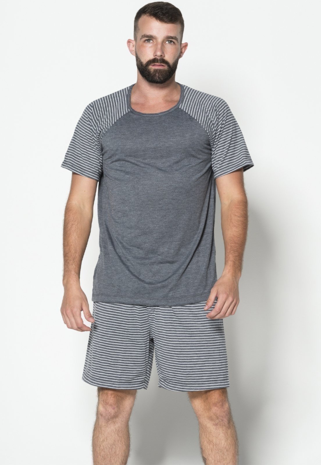 Pijama Serra e Mar Modas Masculino Listrado Manga Curta Cinza