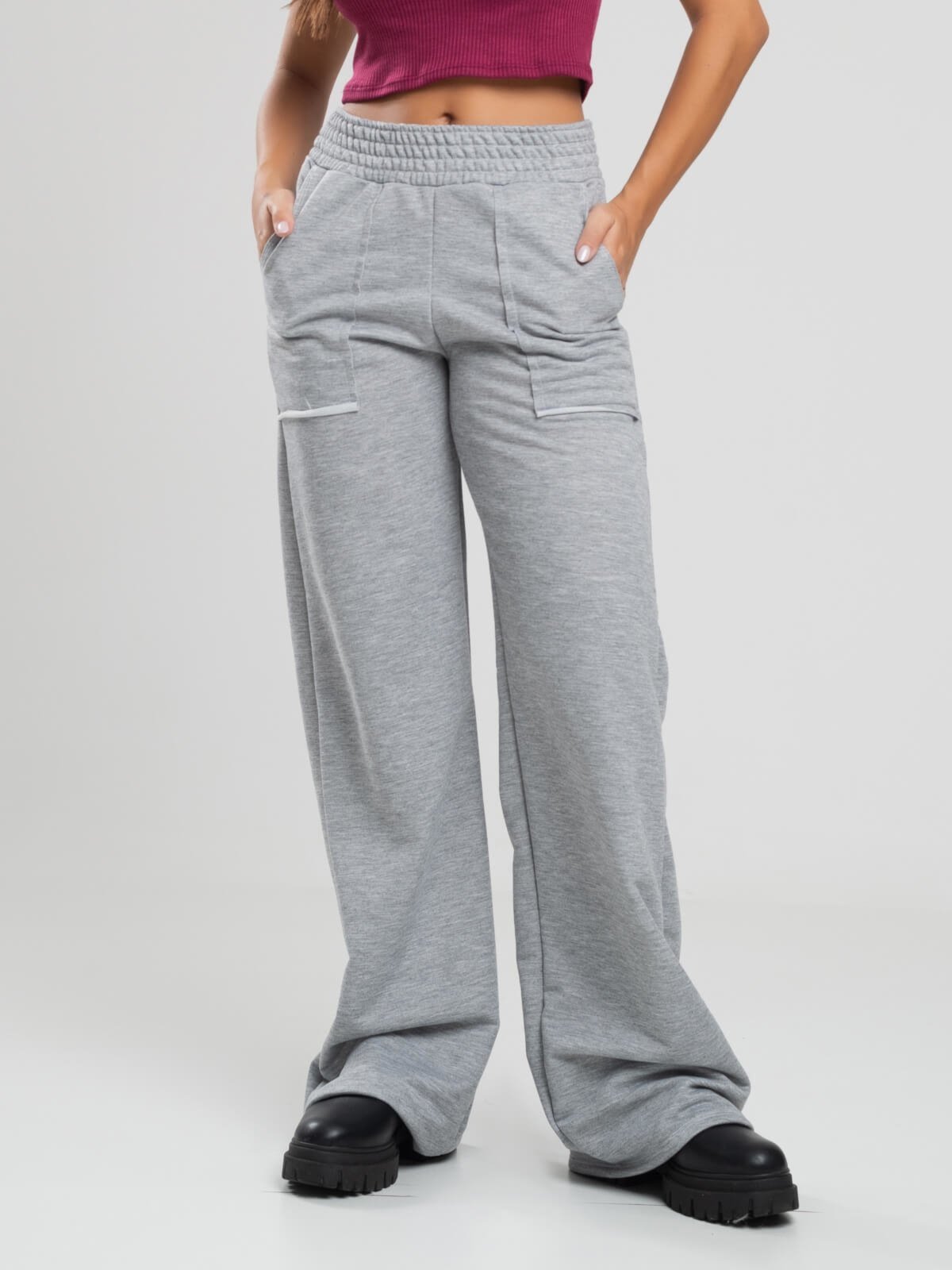 Calça Pantalona Vicbela Cintura Alta Moletinho Wide Leg Cinza