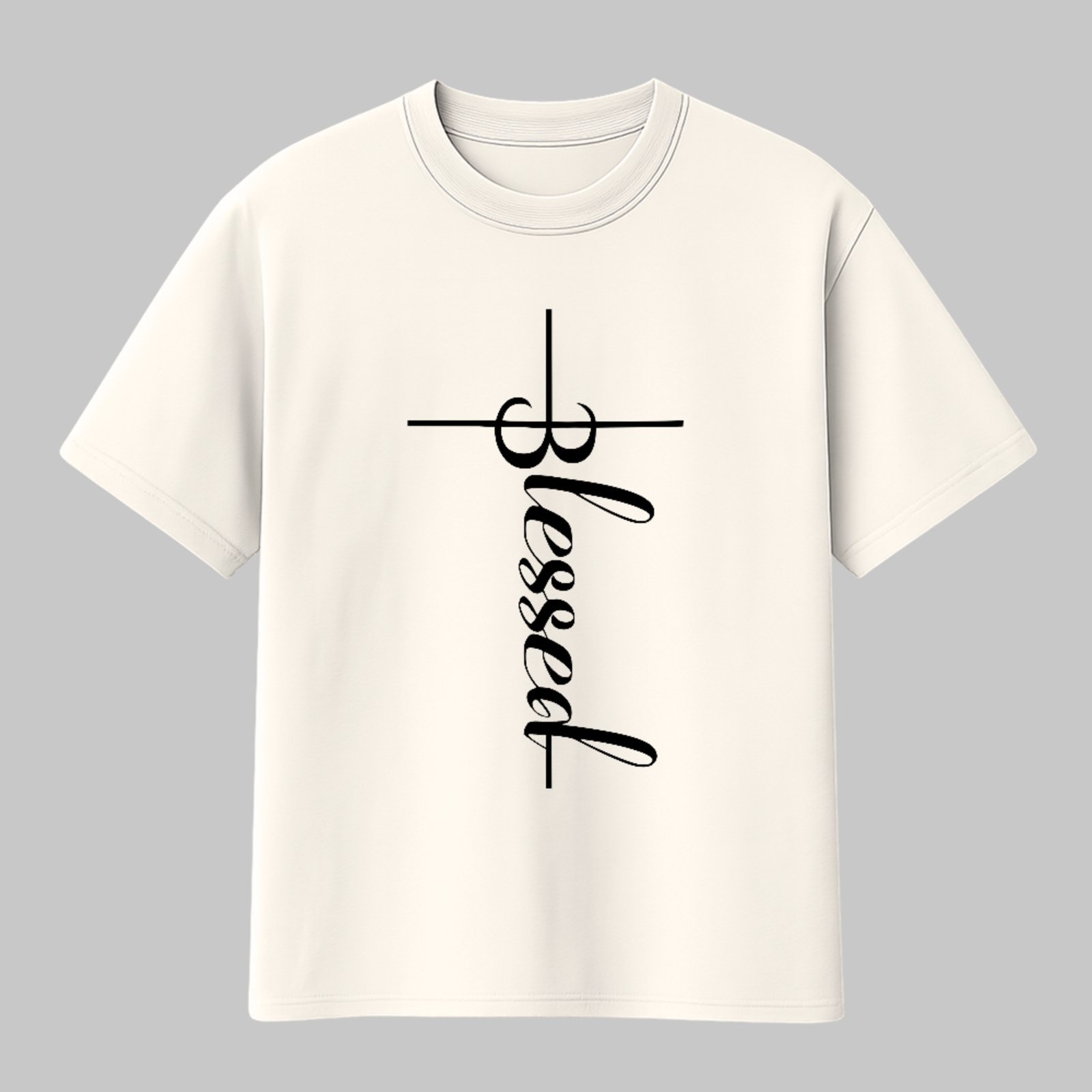 Camiseta Básica Blessed Cruz Minimalista Fé Cristã Style Off White
