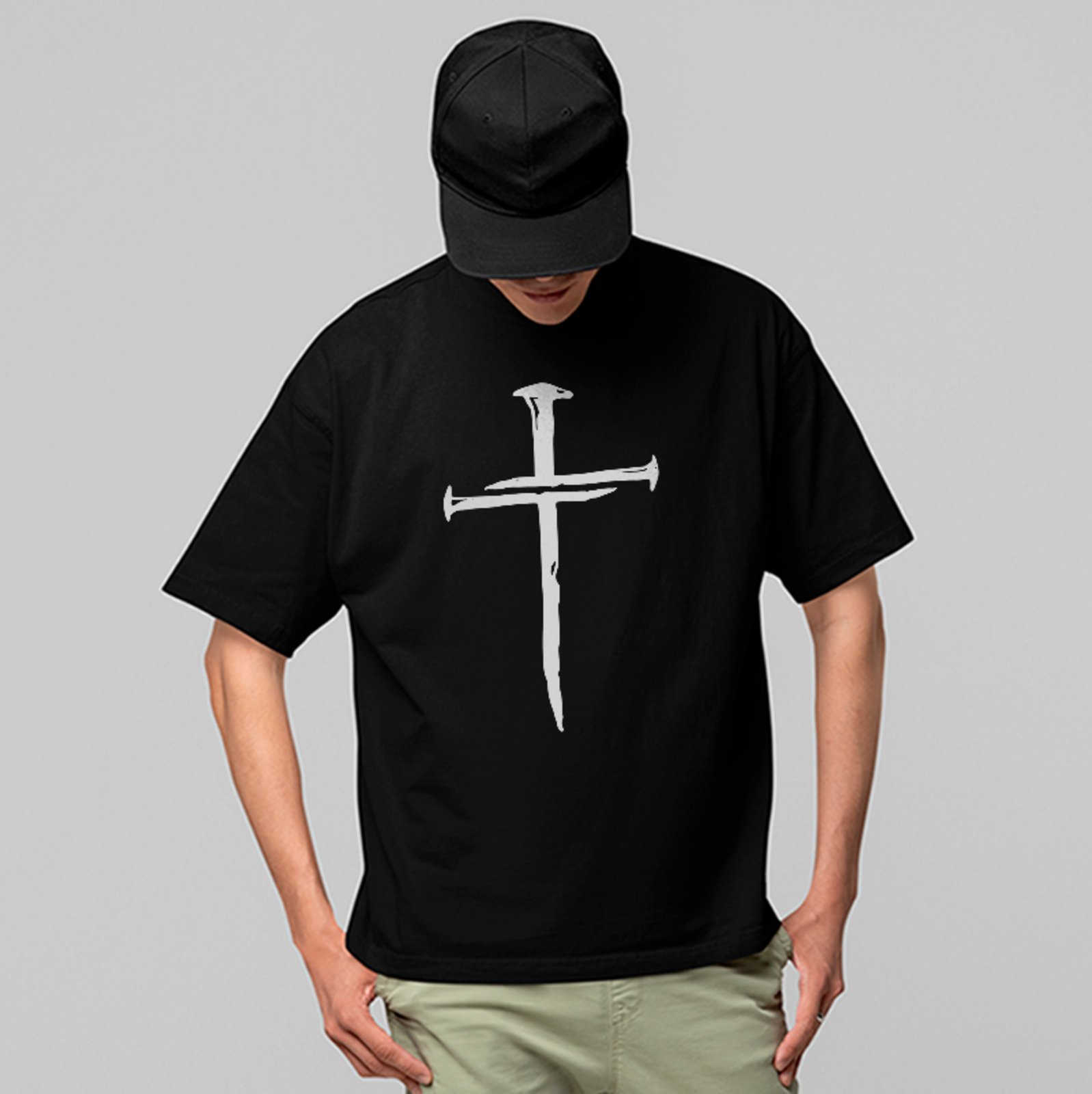 Camiseta Oversized Cruz Minimalista Fé Cristã Unissex Preto