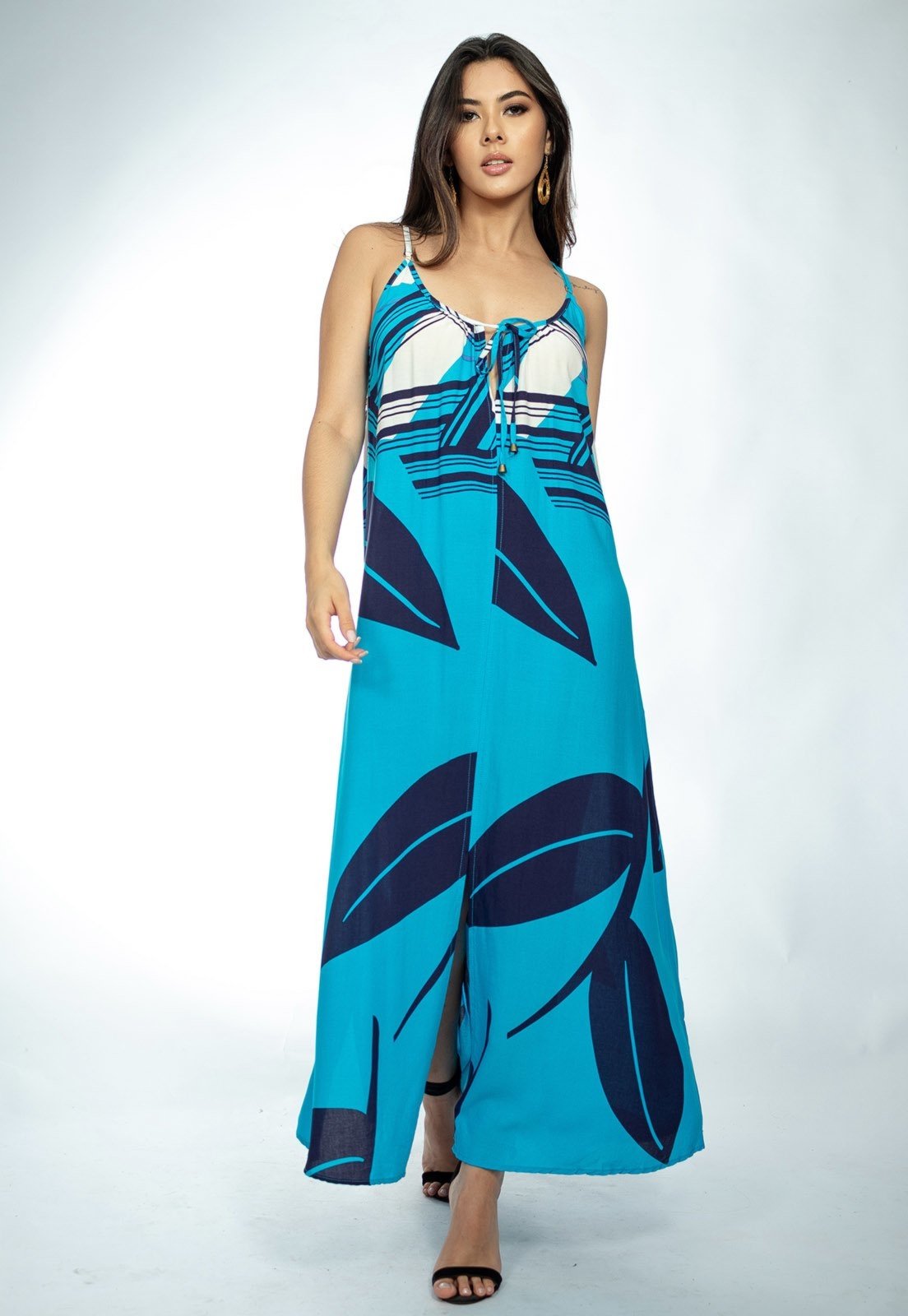 Vista 2 Vestido Longo Caçuá Viscose Amazonia Vital Alça Fina Estampa Imbé Amazonia Vital azul/estampado/blue