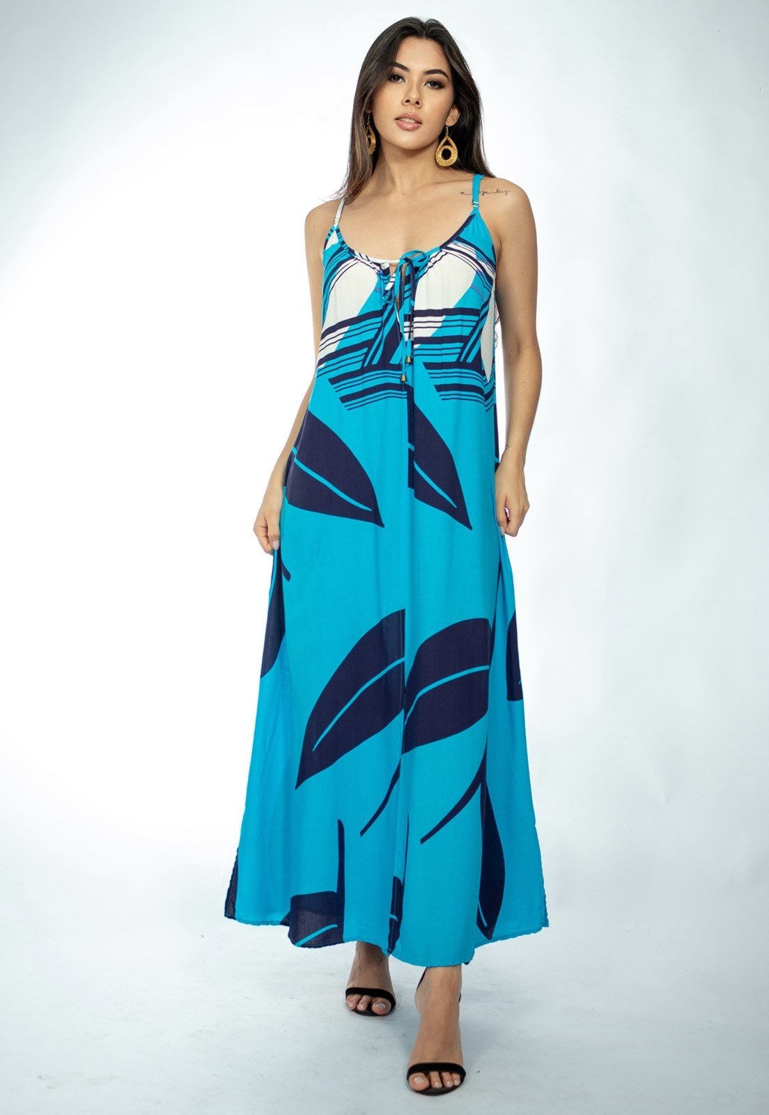 Vista 3 Vestido Longo Caçuá Viscose Amazonia Vital Alça Fina Estampa Imbé Amazonia Vital azul/estampado/blue