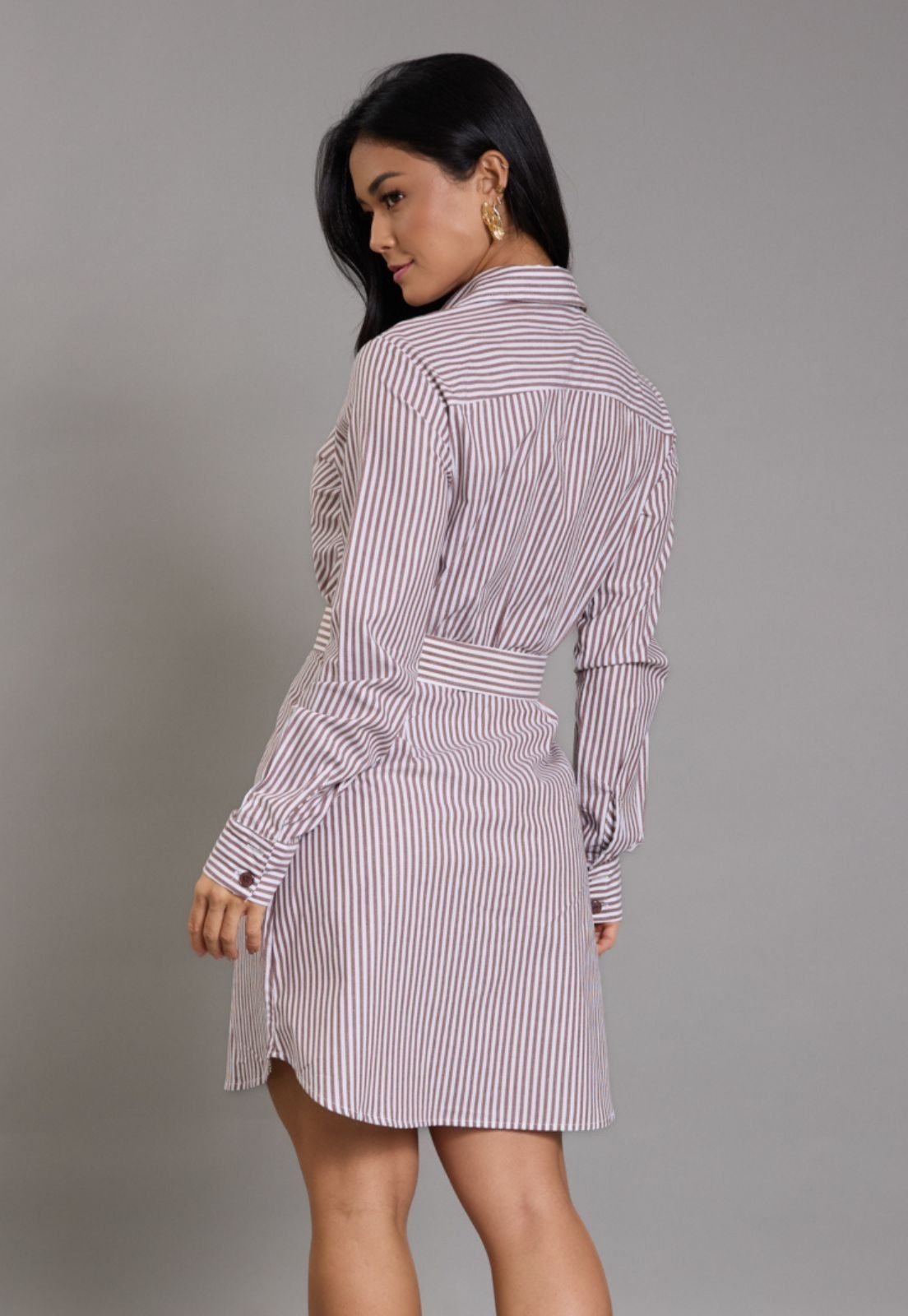 Vista 3 Vestido Midi Listrado Manga Longa com Cinto Lemier Collection LEMIER marrom