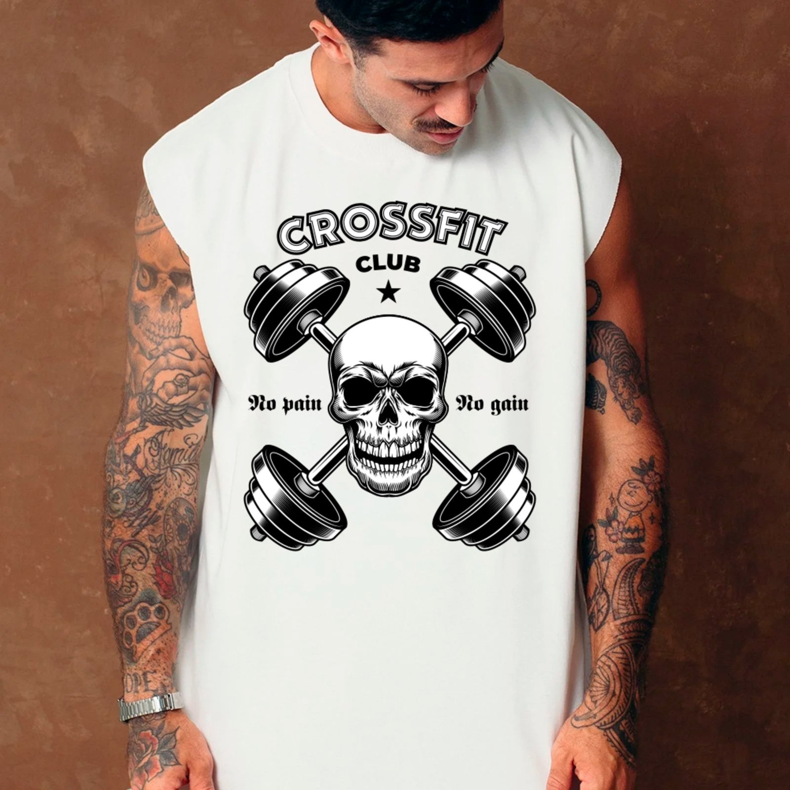 Camiseta Regata Machão Ousy Halteres No Pain No Gain Oversized Masculina Branco