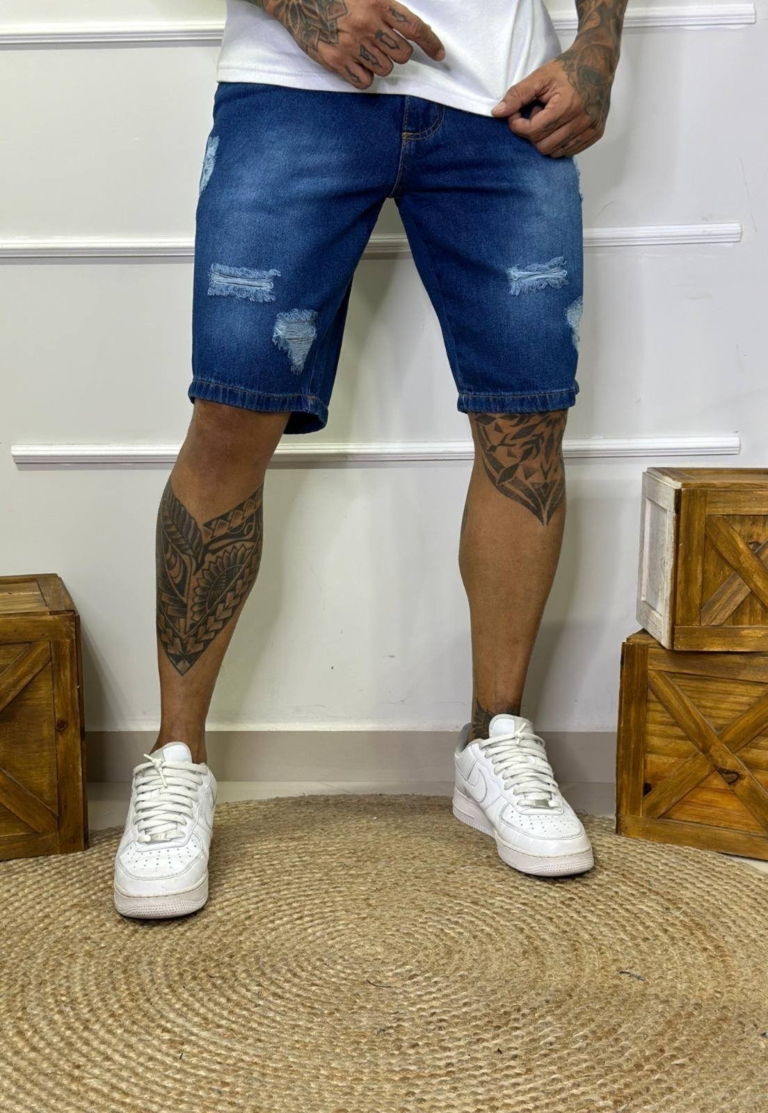 Bermuda Jeans Masculina Tempo Hábil Slim Detalhes Destroyed Azul