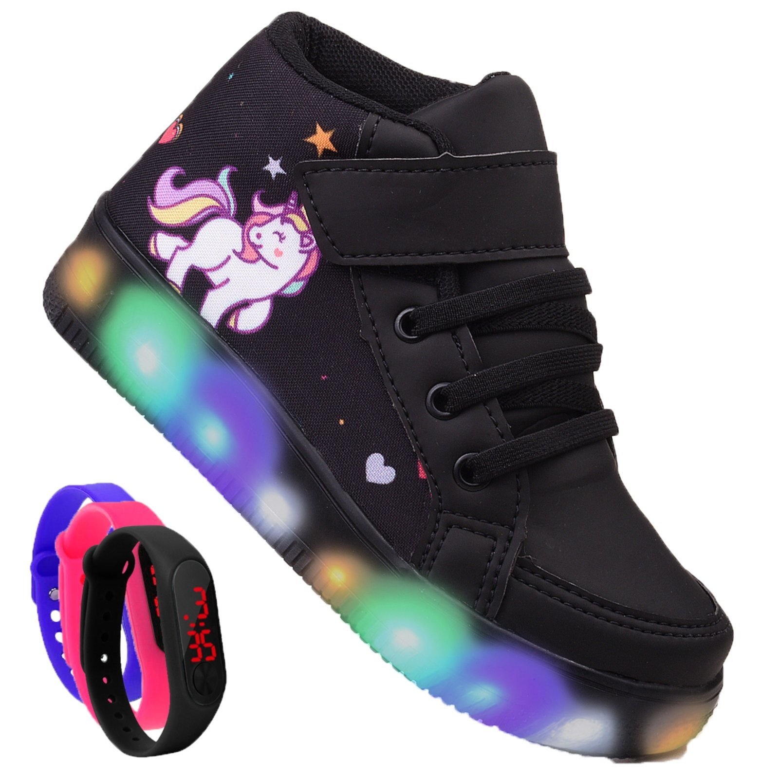 Infantil – Kit Tênis De Led Botinha Unicornio Preto Meninas Relógio