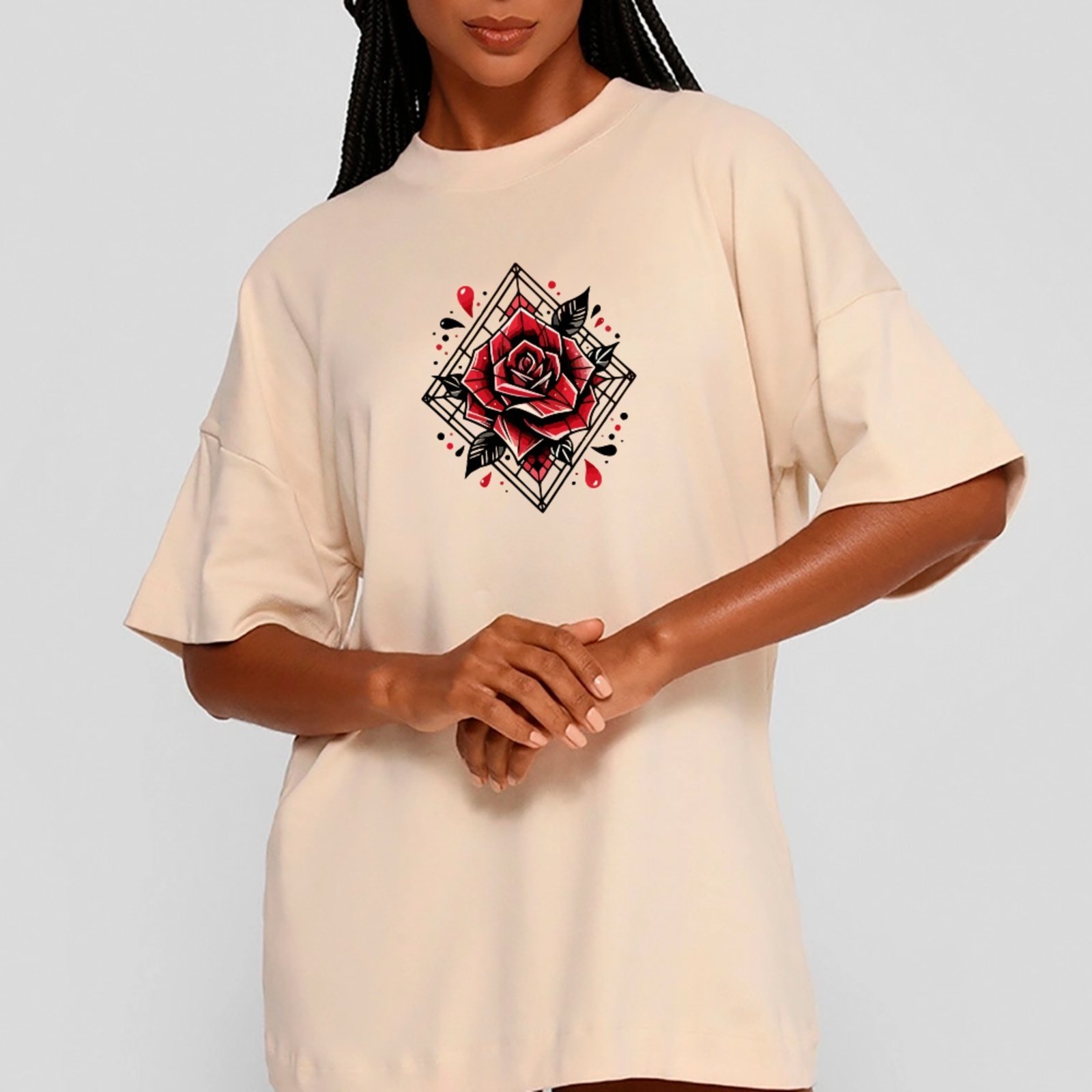 Camiseta Ousy Rosa Vermelha Detalhes Abstratos Oversized Unissex Off White